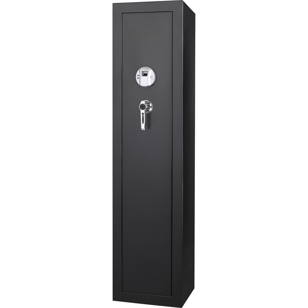 Tall black gun safe with biometric scanner and chrome handle