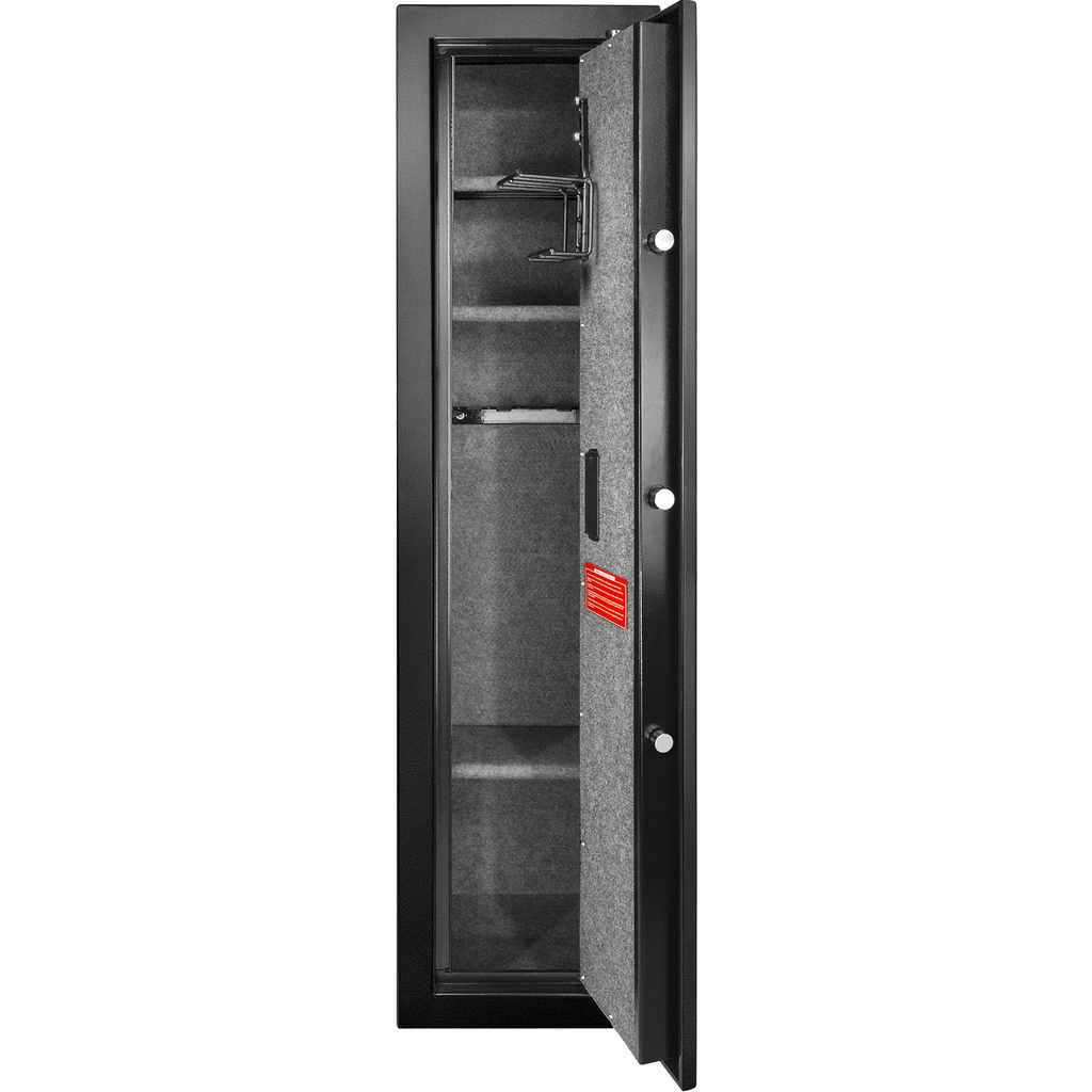 Black steel gun safe with padded interior and gun racks