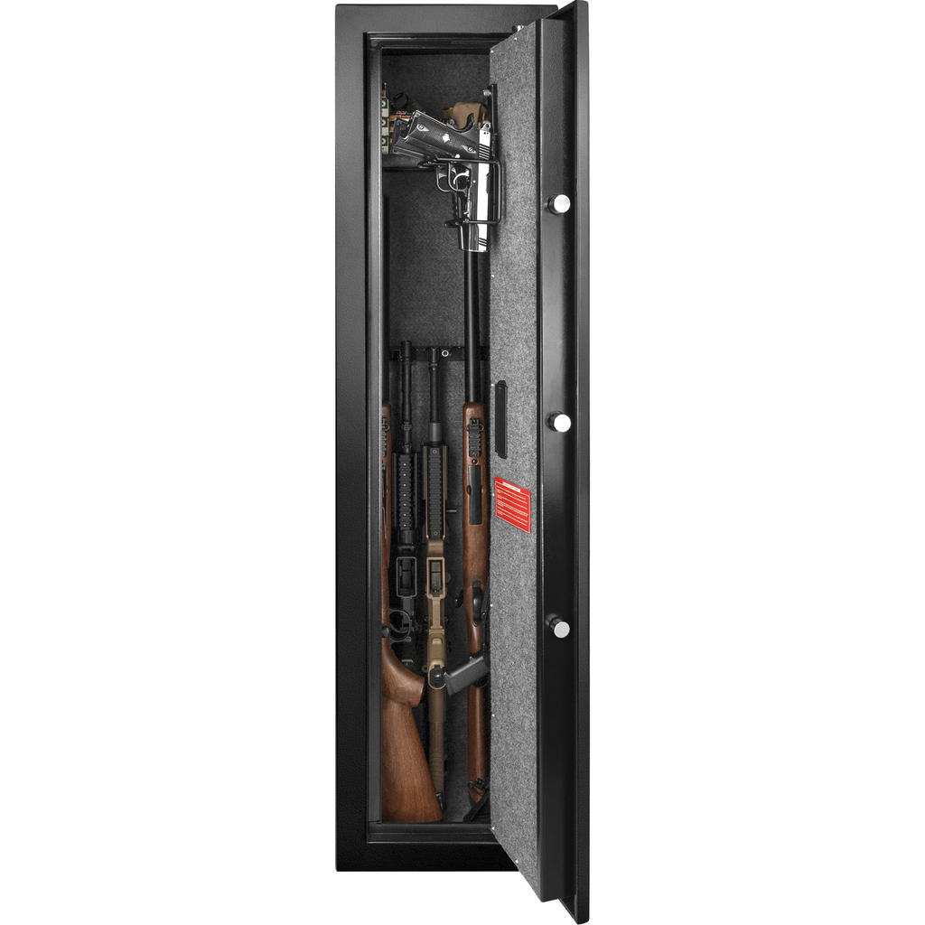 Black metal gun safe with rifles and pistol secured inside