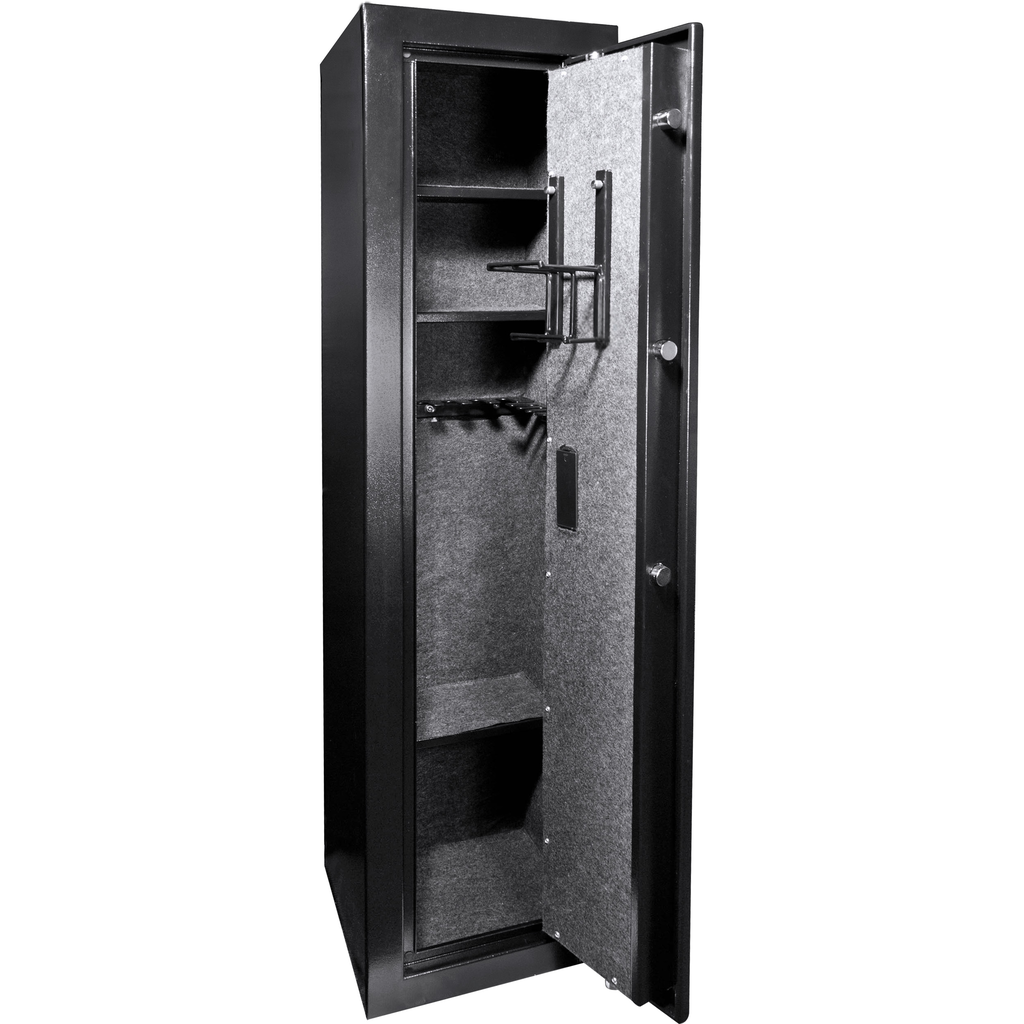 Black gun safe interior with padded shelves and gun racks