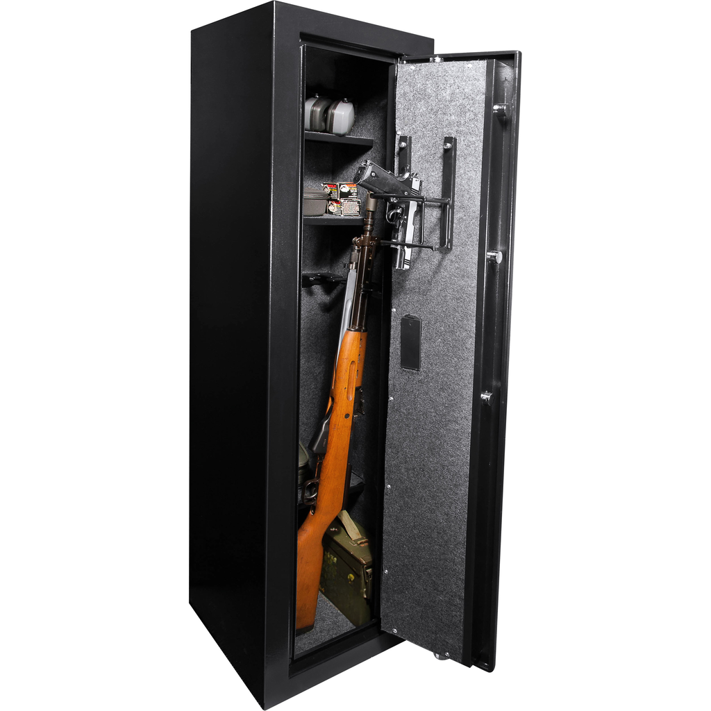 Black metal gun safe with rifle and pistol inside