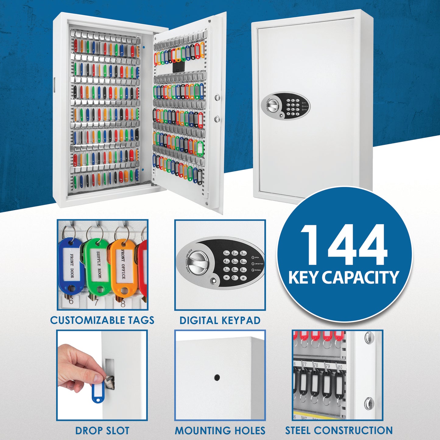 White key cabinet with slots holding colorful keys and a digital keypad