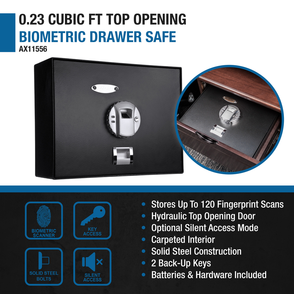 Black biometric drawer safe with fingerprint scanner and silver handle