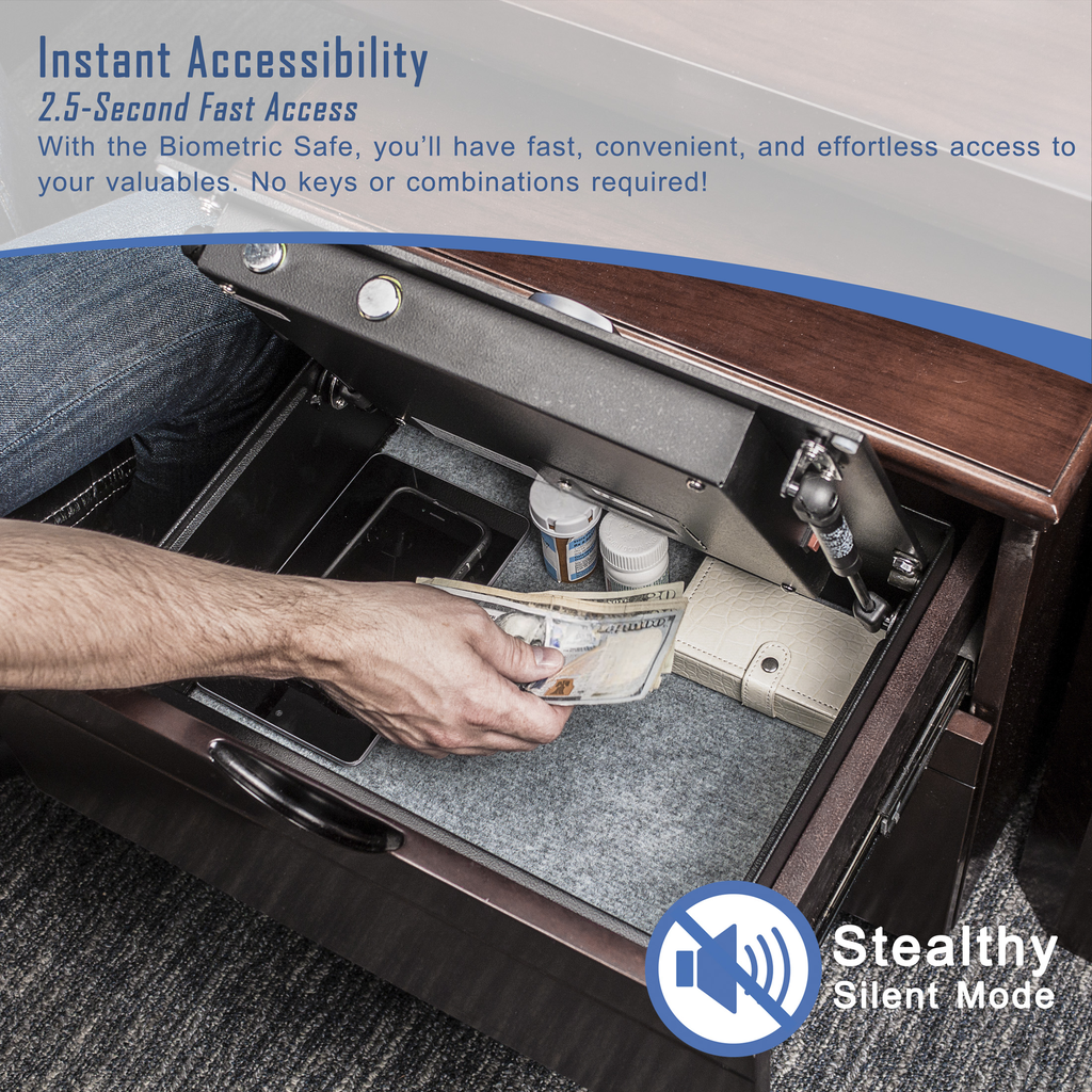 Biometric safe with fingerprint scanner storing cash and small items discreetly