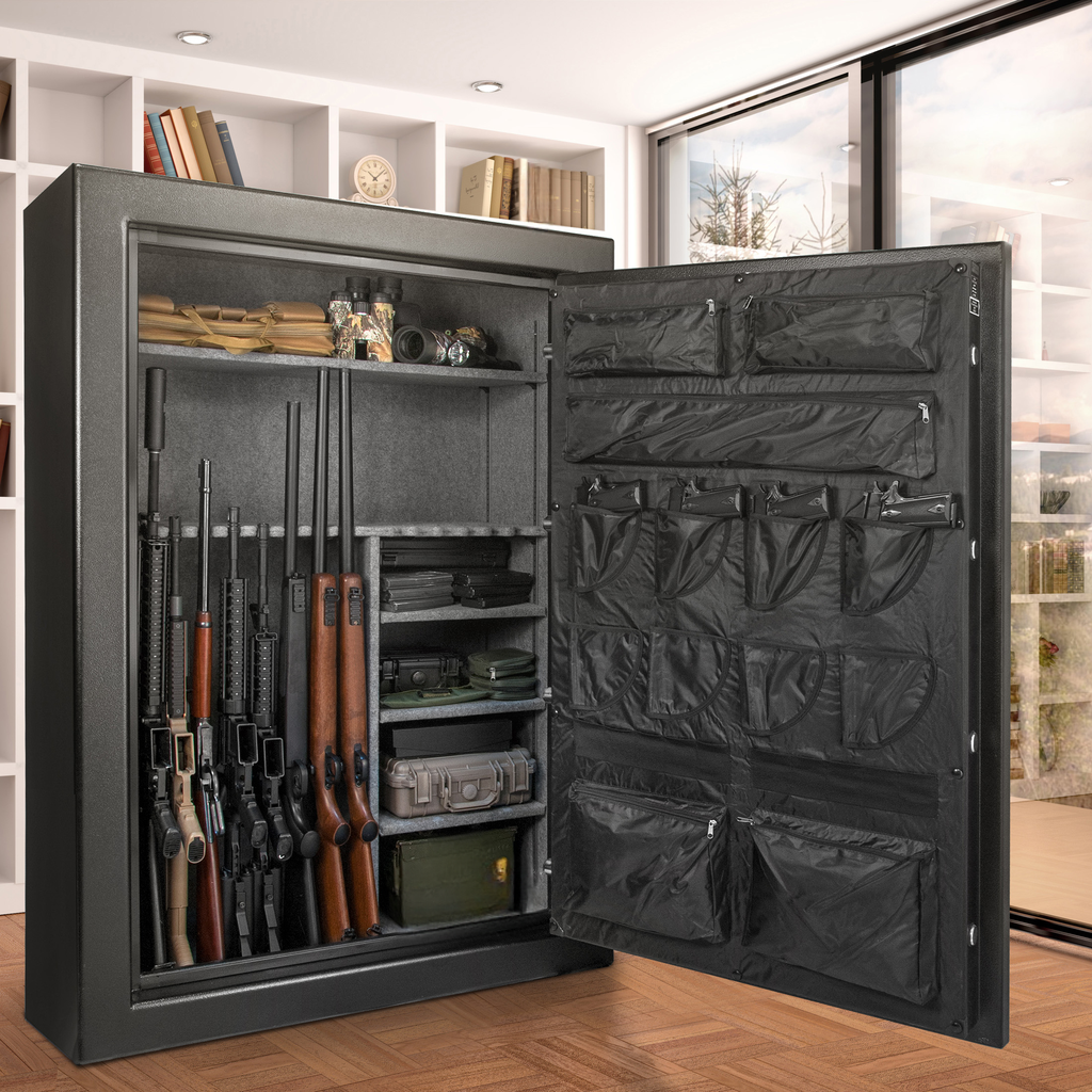 Large gun safe with multiple rifles handguns and organized storage compartments