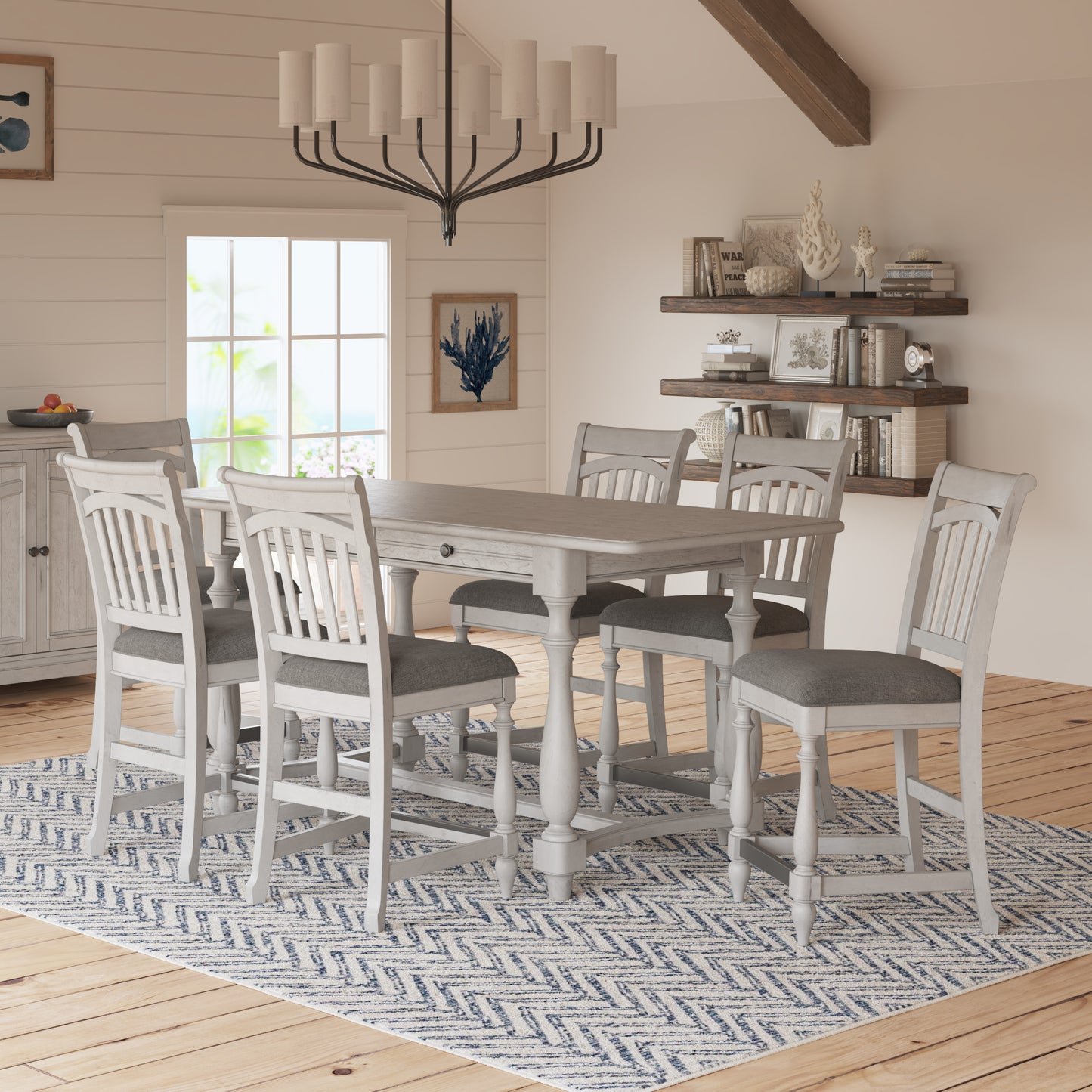 Gray wash wood counterheight dining set with upholstered seats