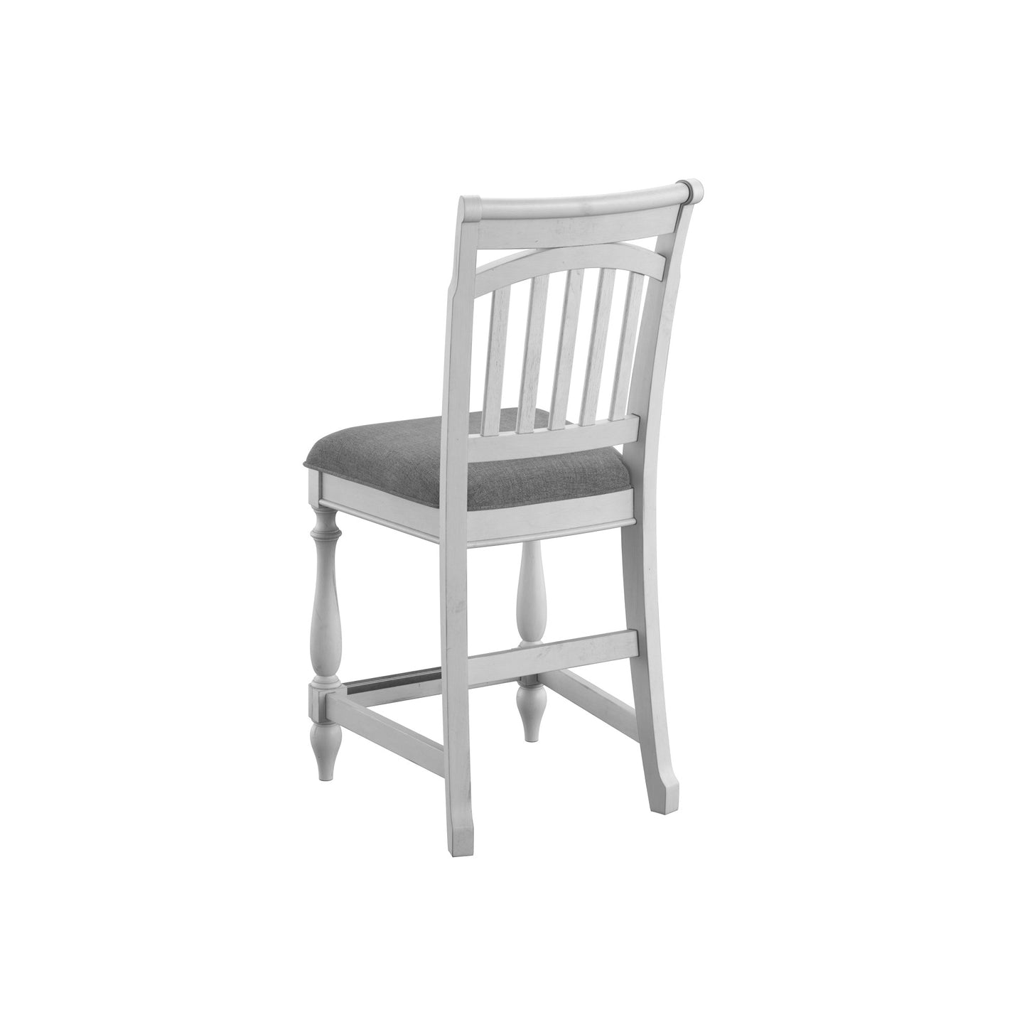 White wooden bar stool with grey upholstered seat and spindle back