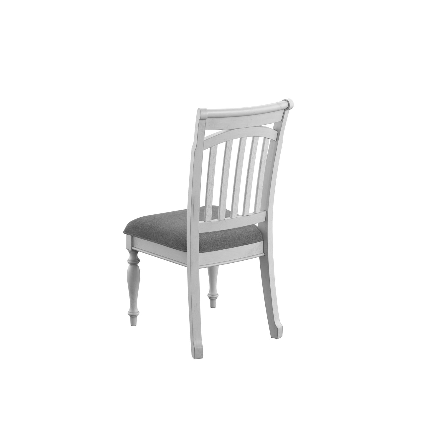 White spindleback dining chair with grey upholstered seat