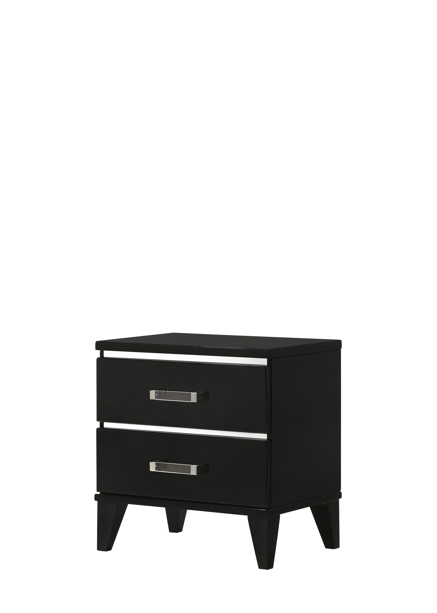 Black twodrawer nightstand with silver hardware and tapered legs