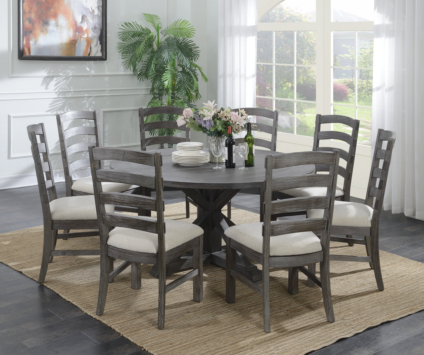 Rustic gray dining table set with six upholstered chairs