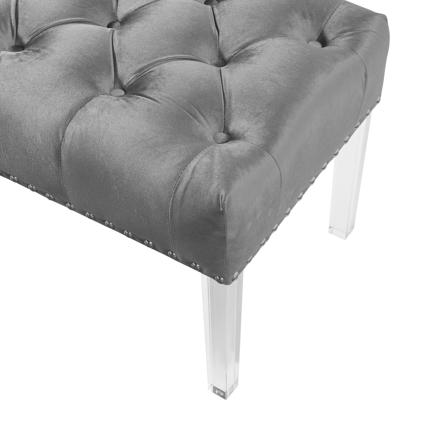 Silver velvet tufted ottoman with clear acrylic legs