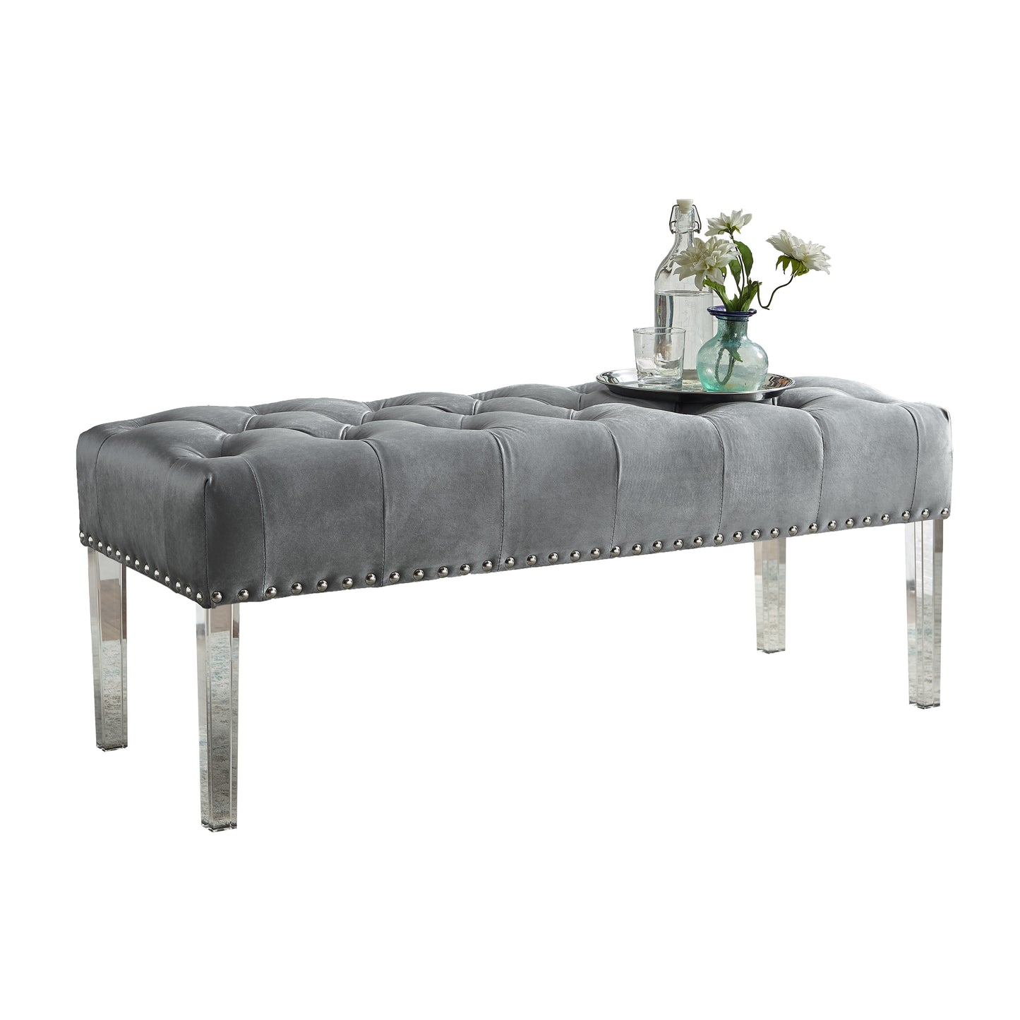 Tufted grey velvet bench with crystal legs and silver nailhead trim