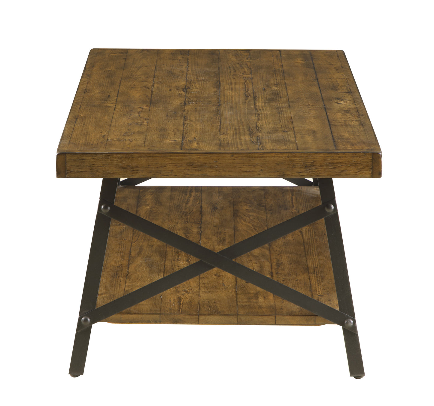 Rustic brown wood coffee table with Xbrace metal legs