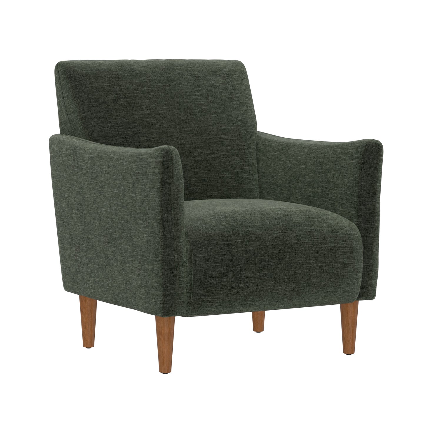 Dark green fabric armchair with wooden legs