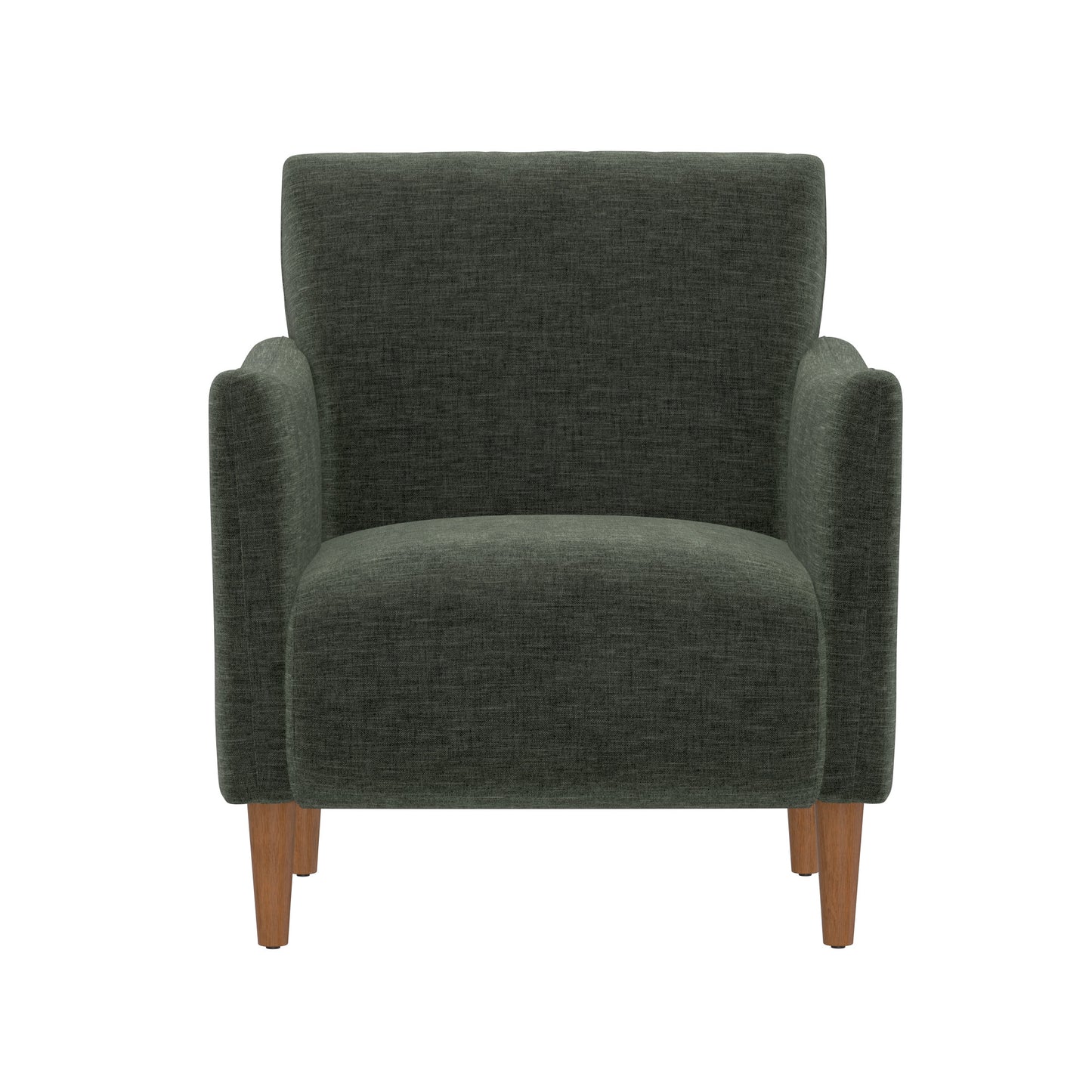 Dark green upholstered armchair with wooden tapered legs