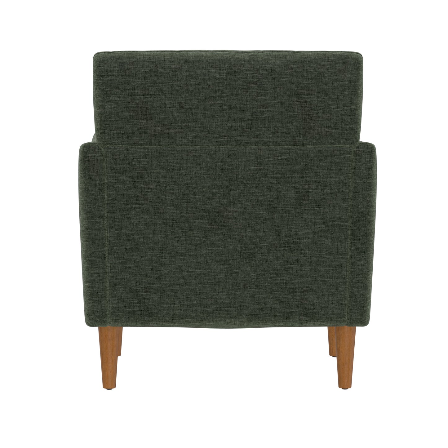 Dark green upholstered armchair back view with natural wood tapered legs