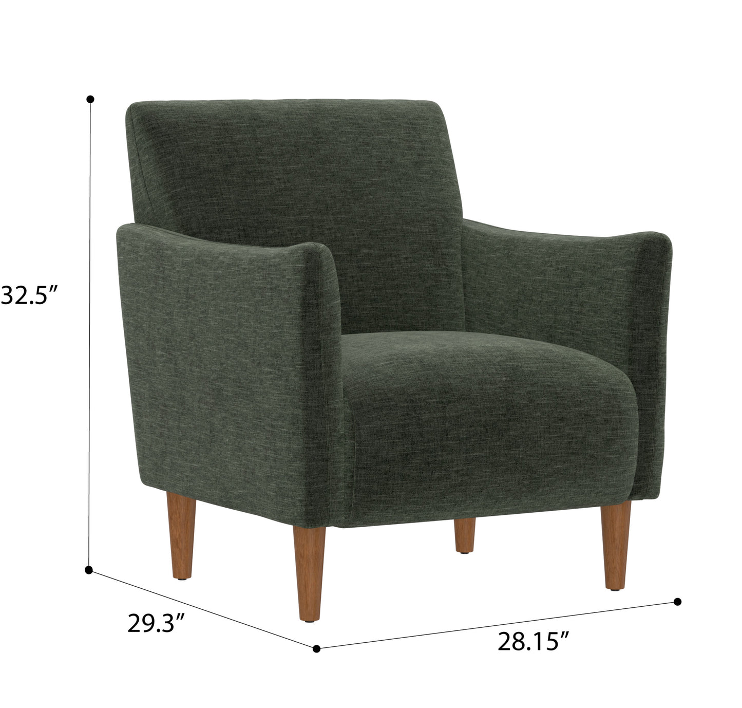 Dark green upholstered accent chair with wooden legs