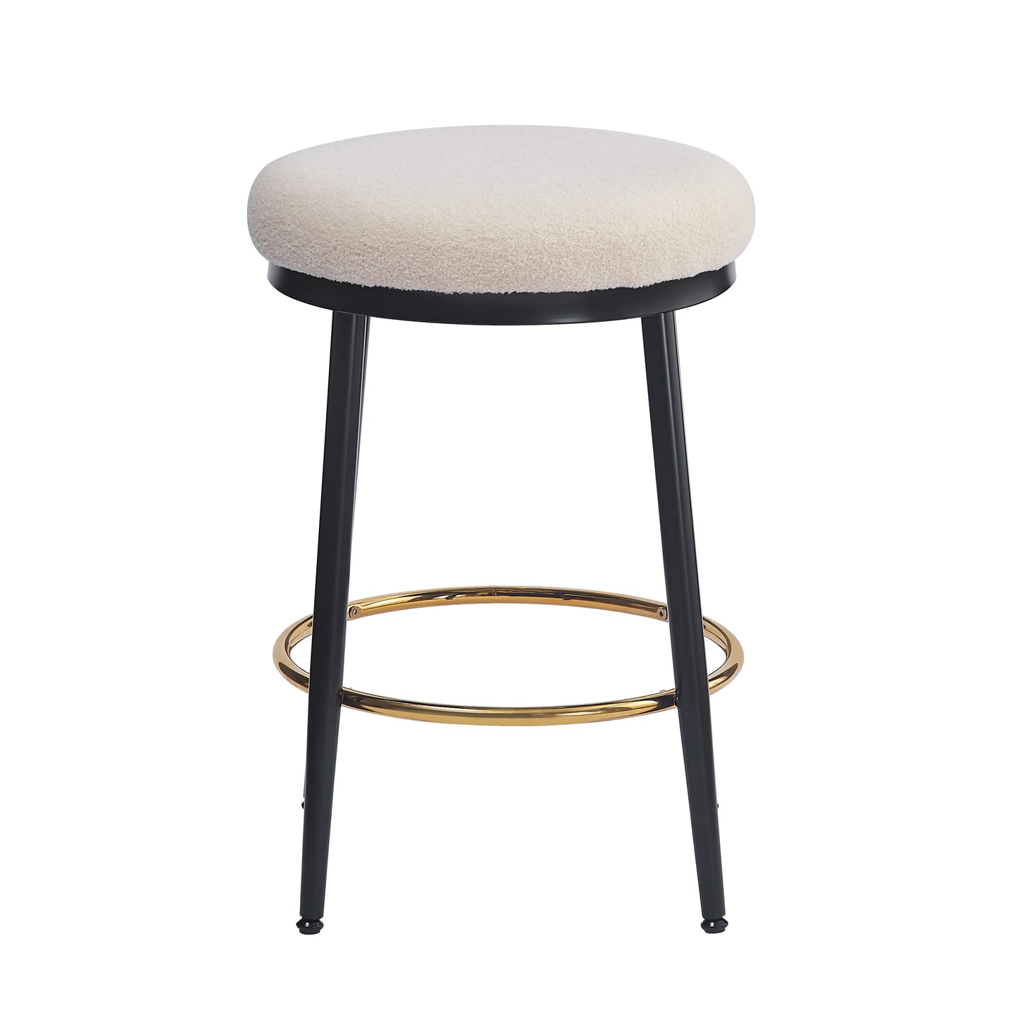 Cream boucle upholstered counter stool with black metal legs and gold footrest