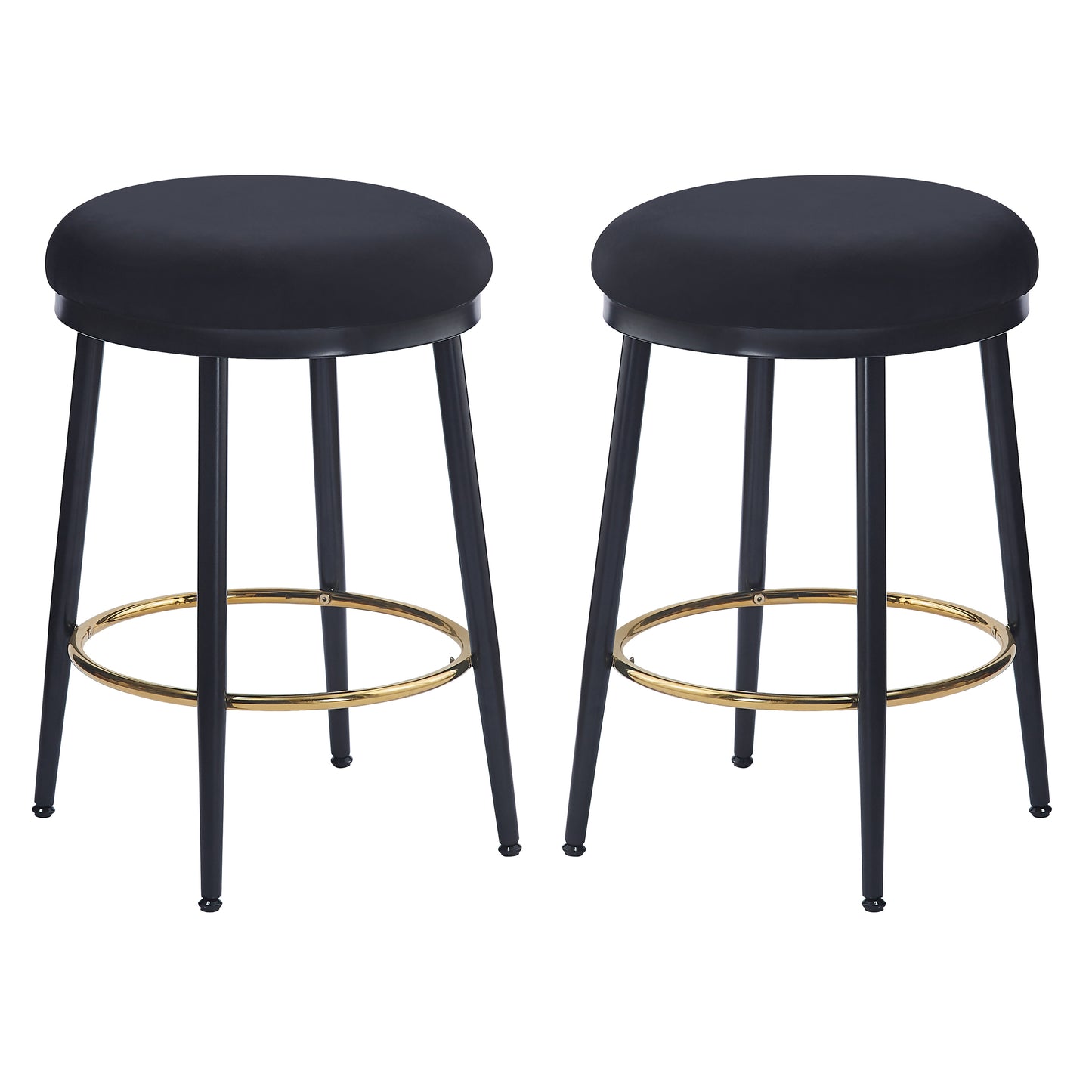 Pair of black velvet bar stools with gold footrests and slim black legs