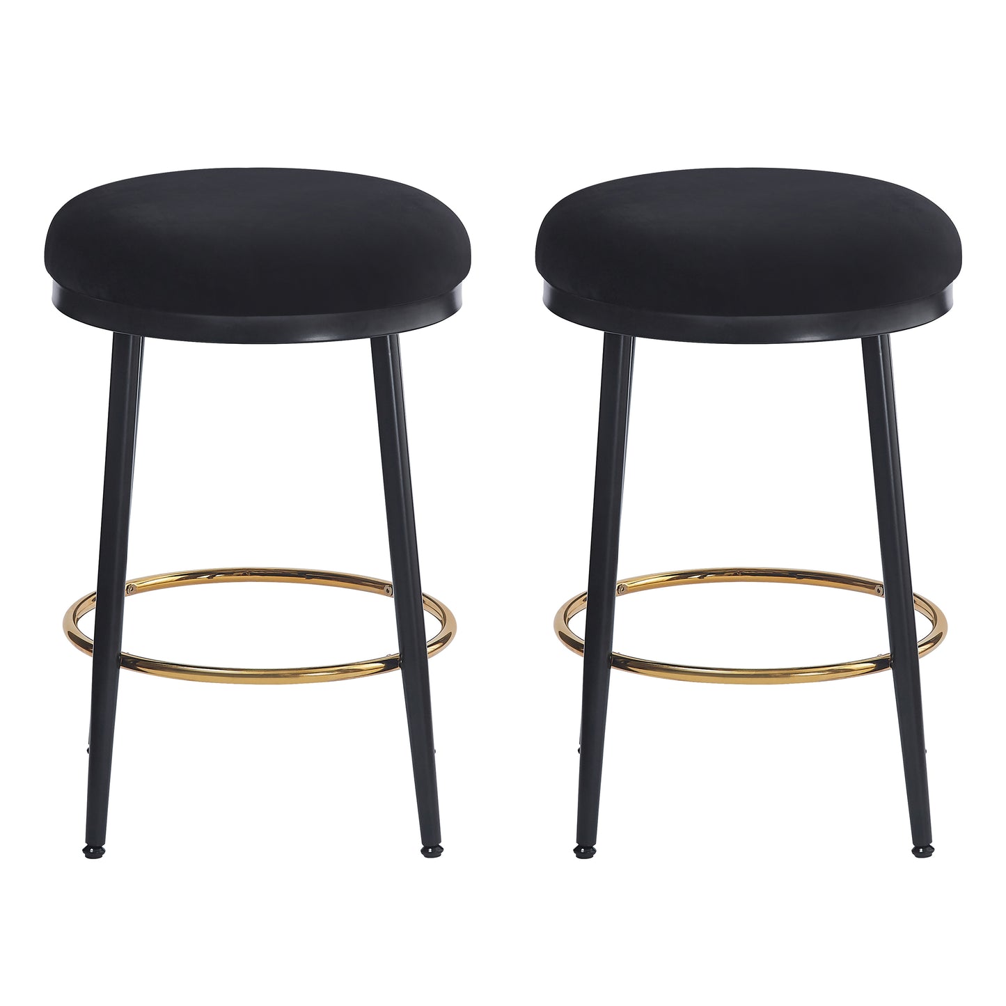 Set of two black velvet bar stools with gold footrests