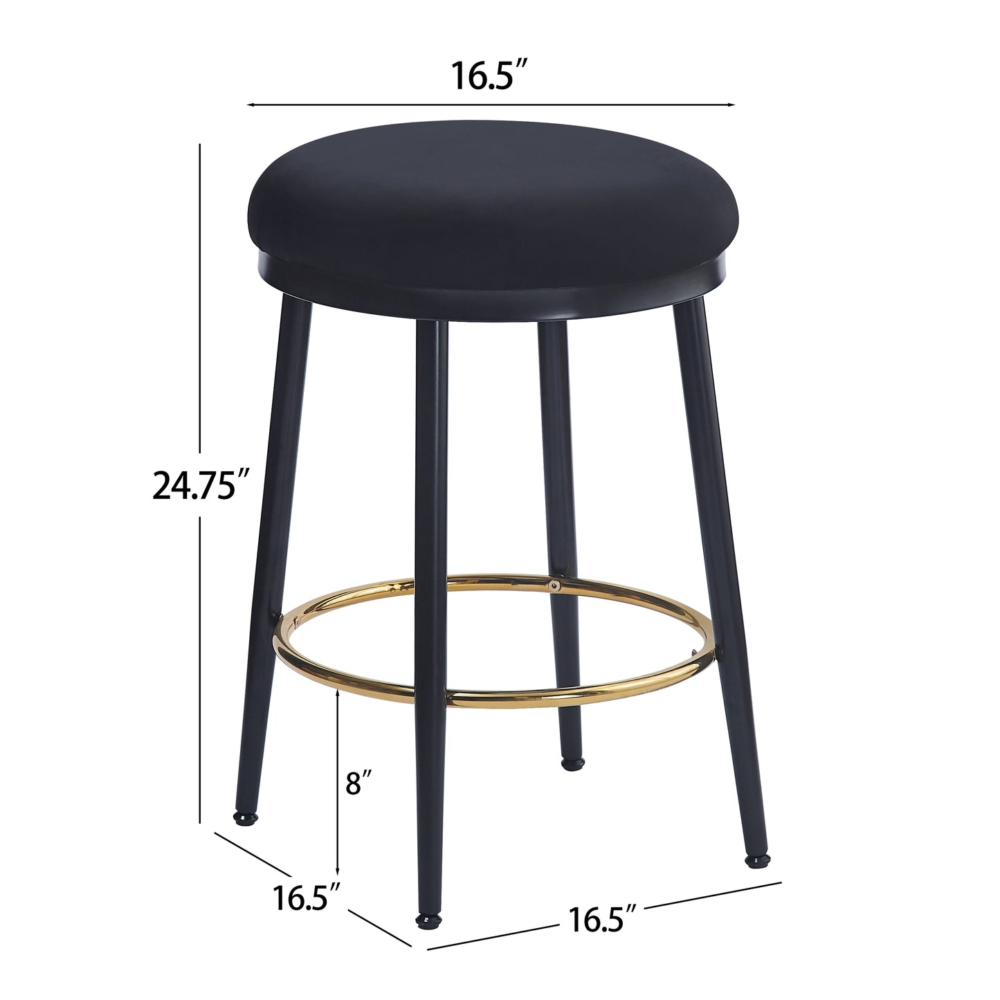 Black fabric counter stool with gold footrest and black legs