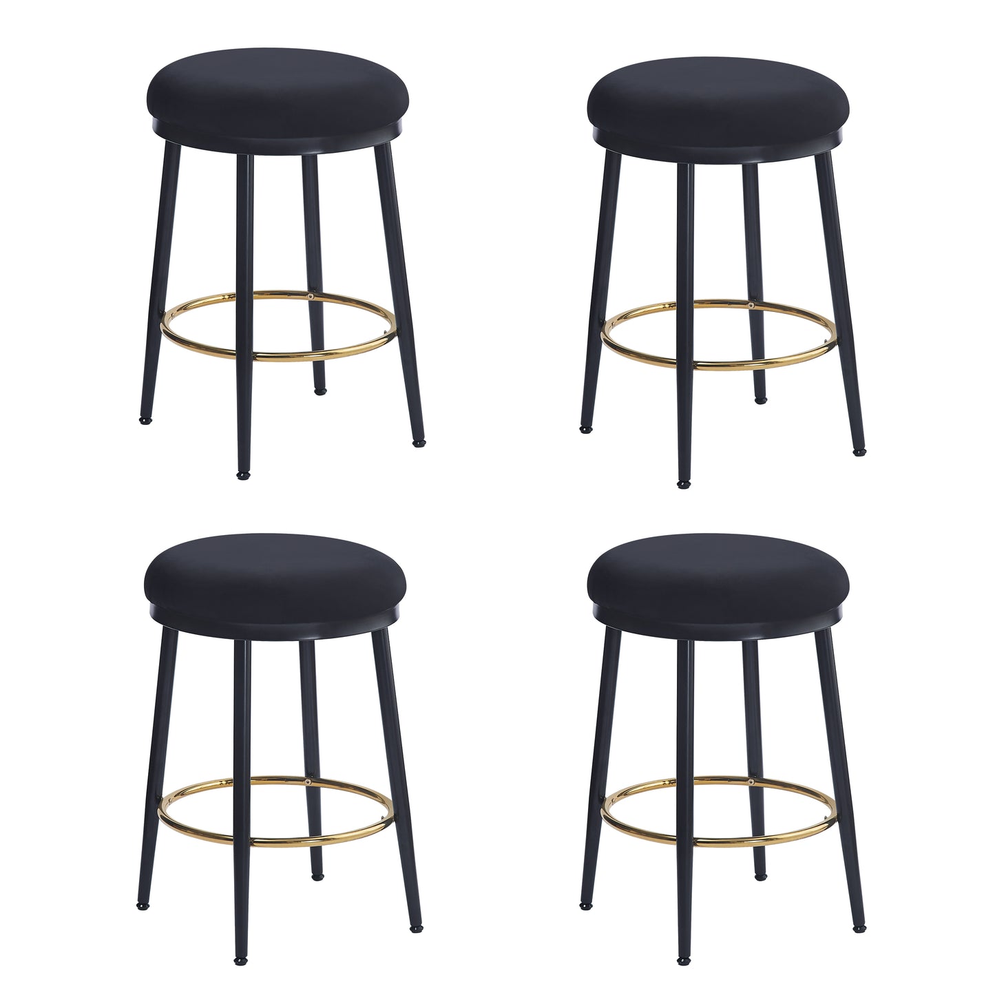 Four modern black bar stools with gold footrests