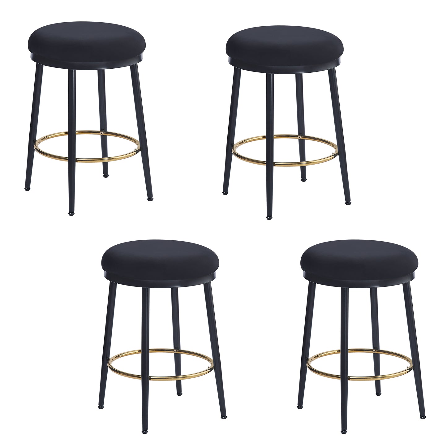 Set of four black upholstered bar stools with gold footrests