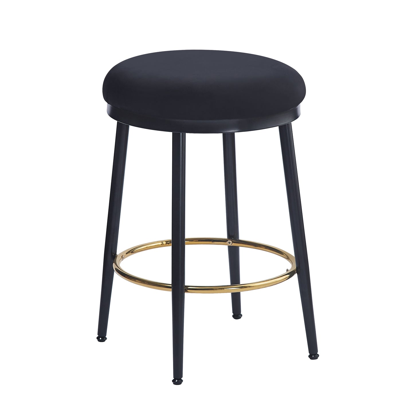 Black velvet padded stool with gold footrest and black metal legs