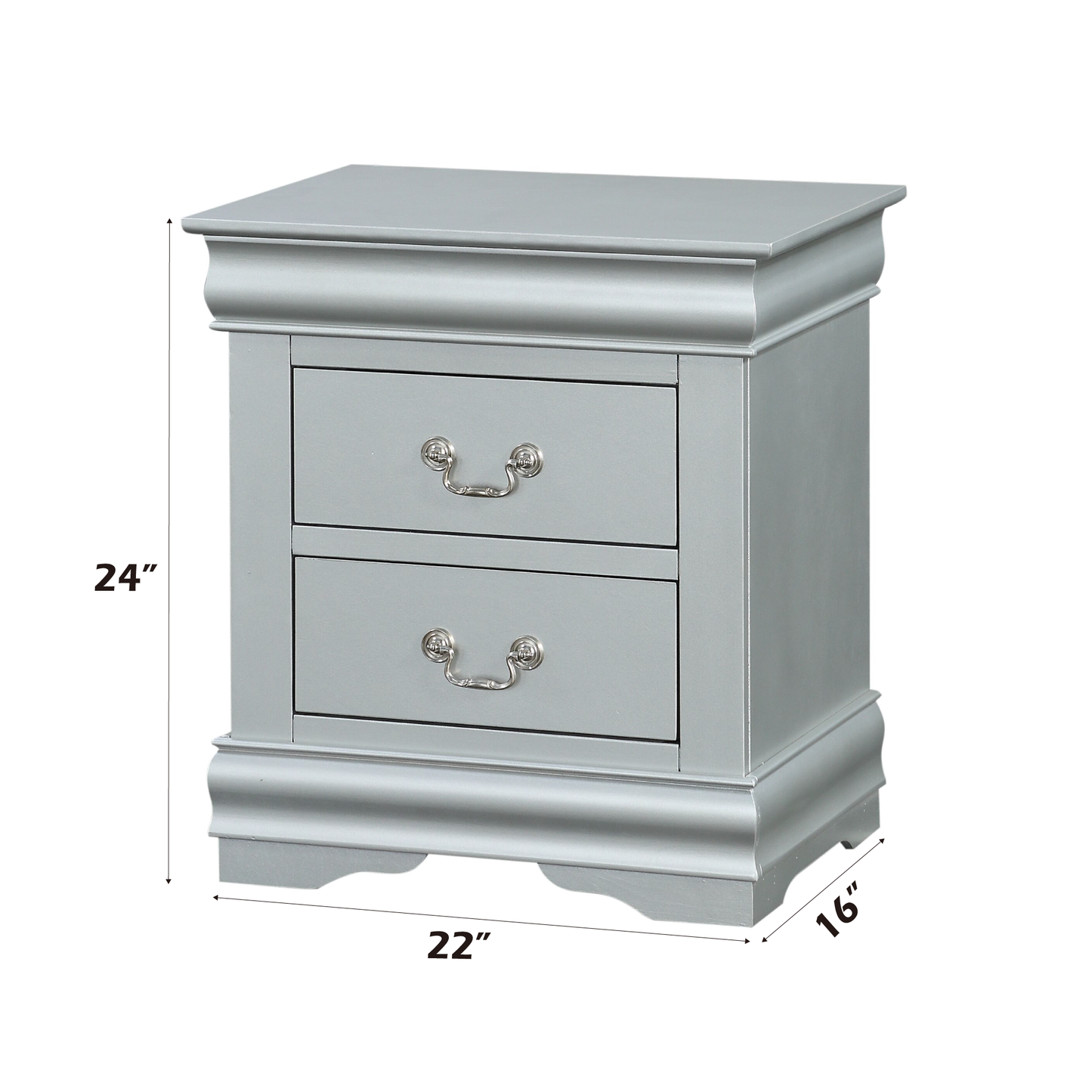 Silver twodrawer nightstand with ornate pull handles and curved base