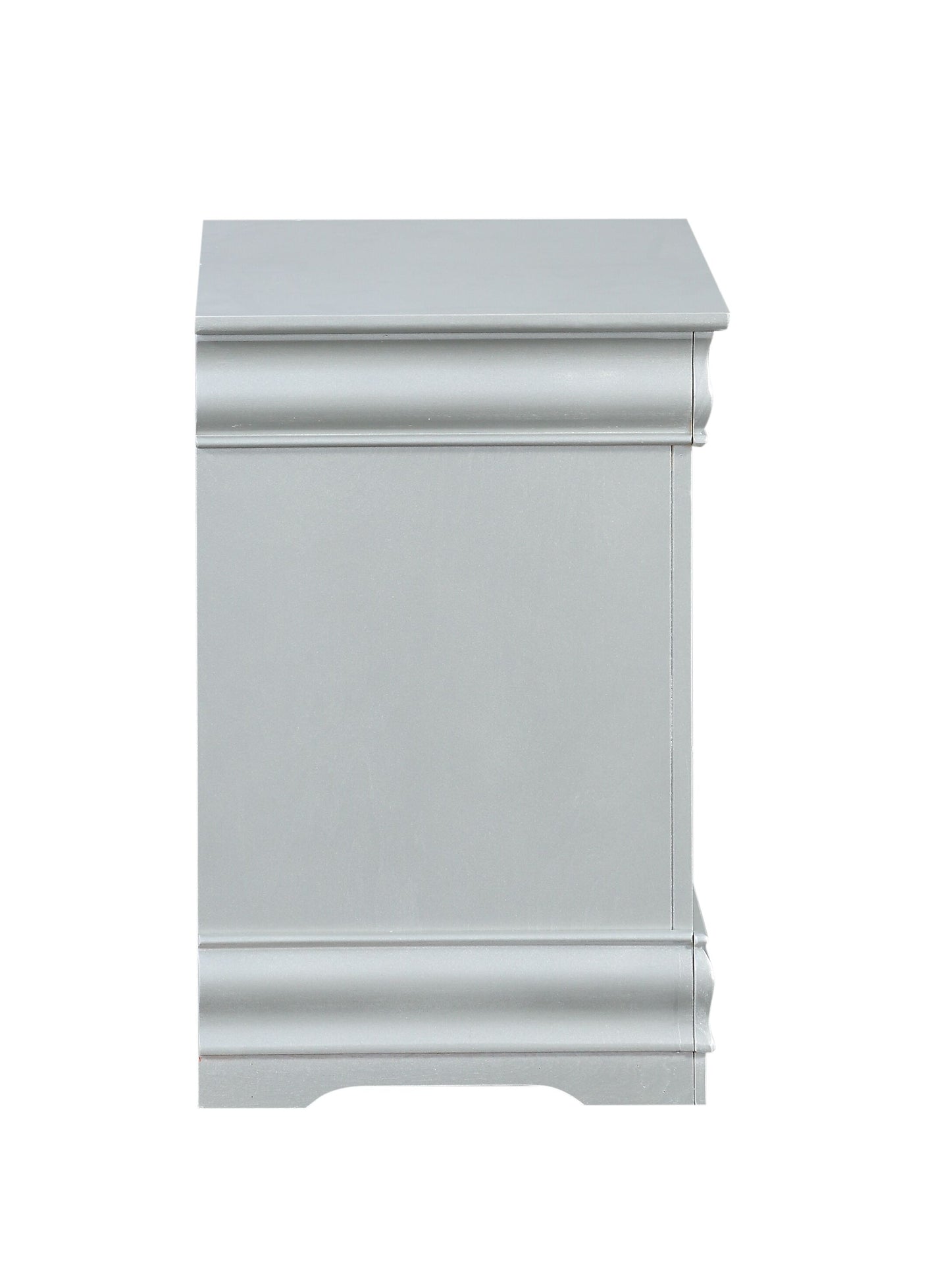 Silver decorative accent cabinet with carved molding