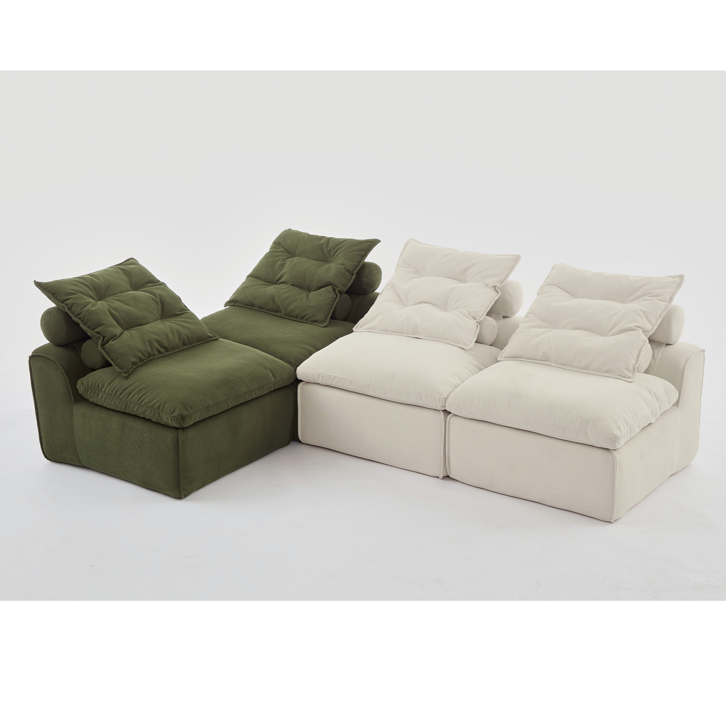 Plush green corduroy sectional sofa with deep cushions