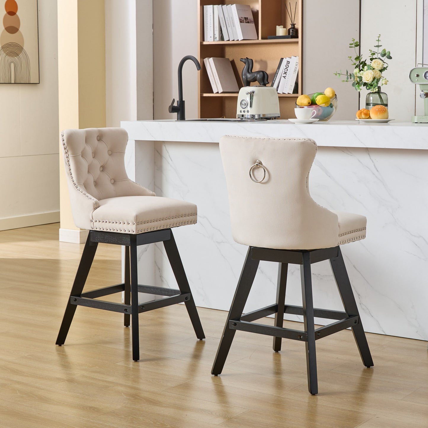 Cream velvet bar stool with tufted back and silver nailhead trim