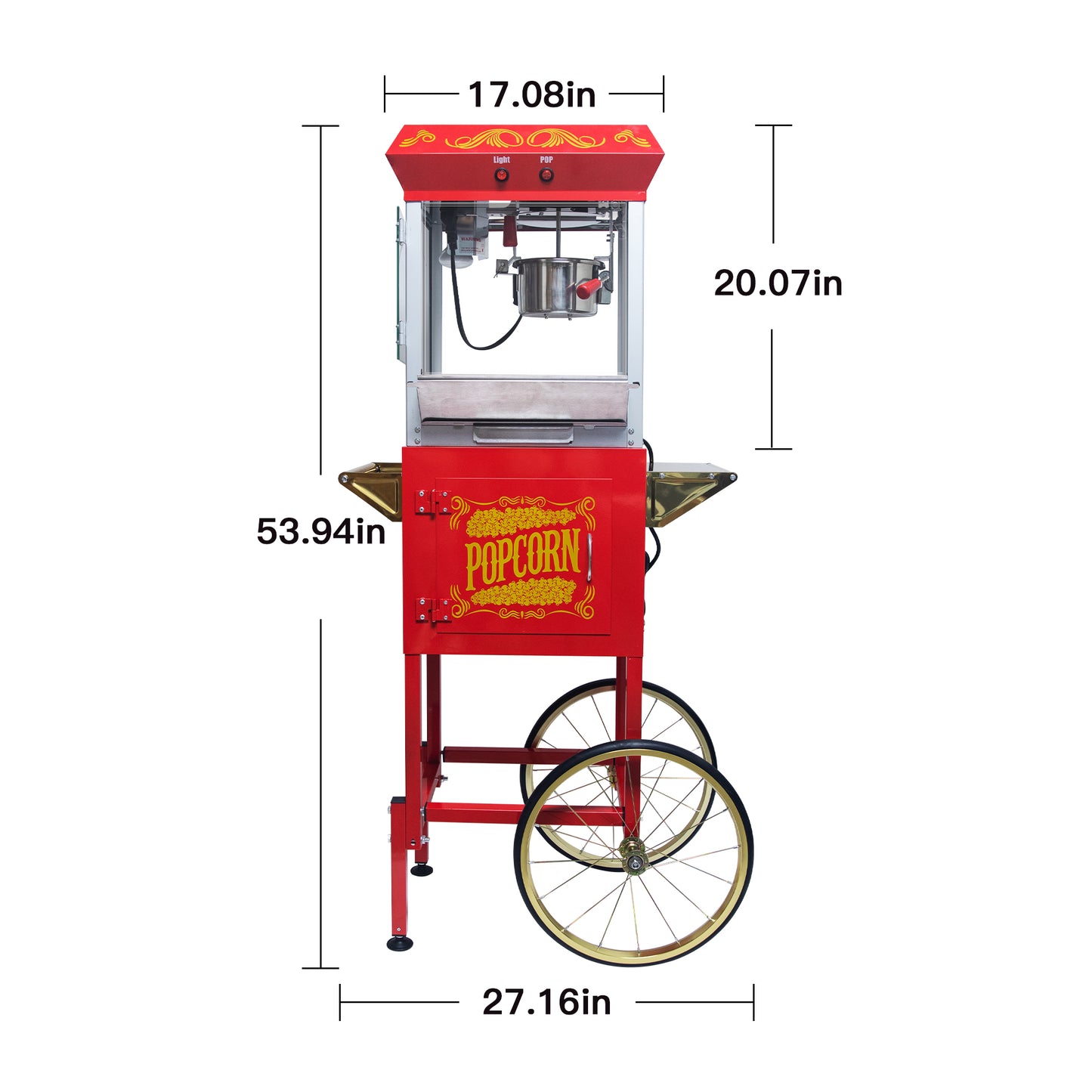 Red retro popcorn machine with wheels and popcorn graphics