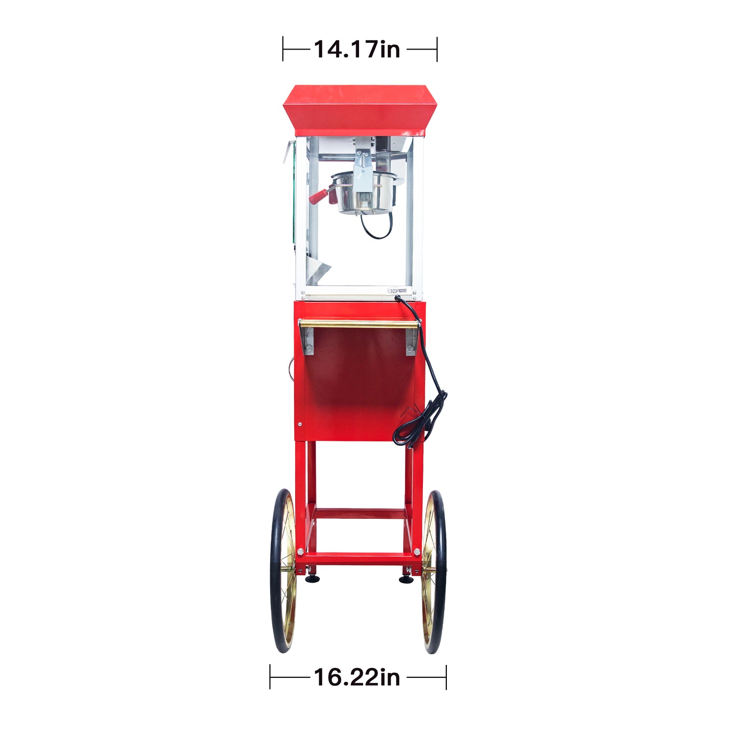 Red popcorn machine with glass cabinet and goldrimmed wheels for parties