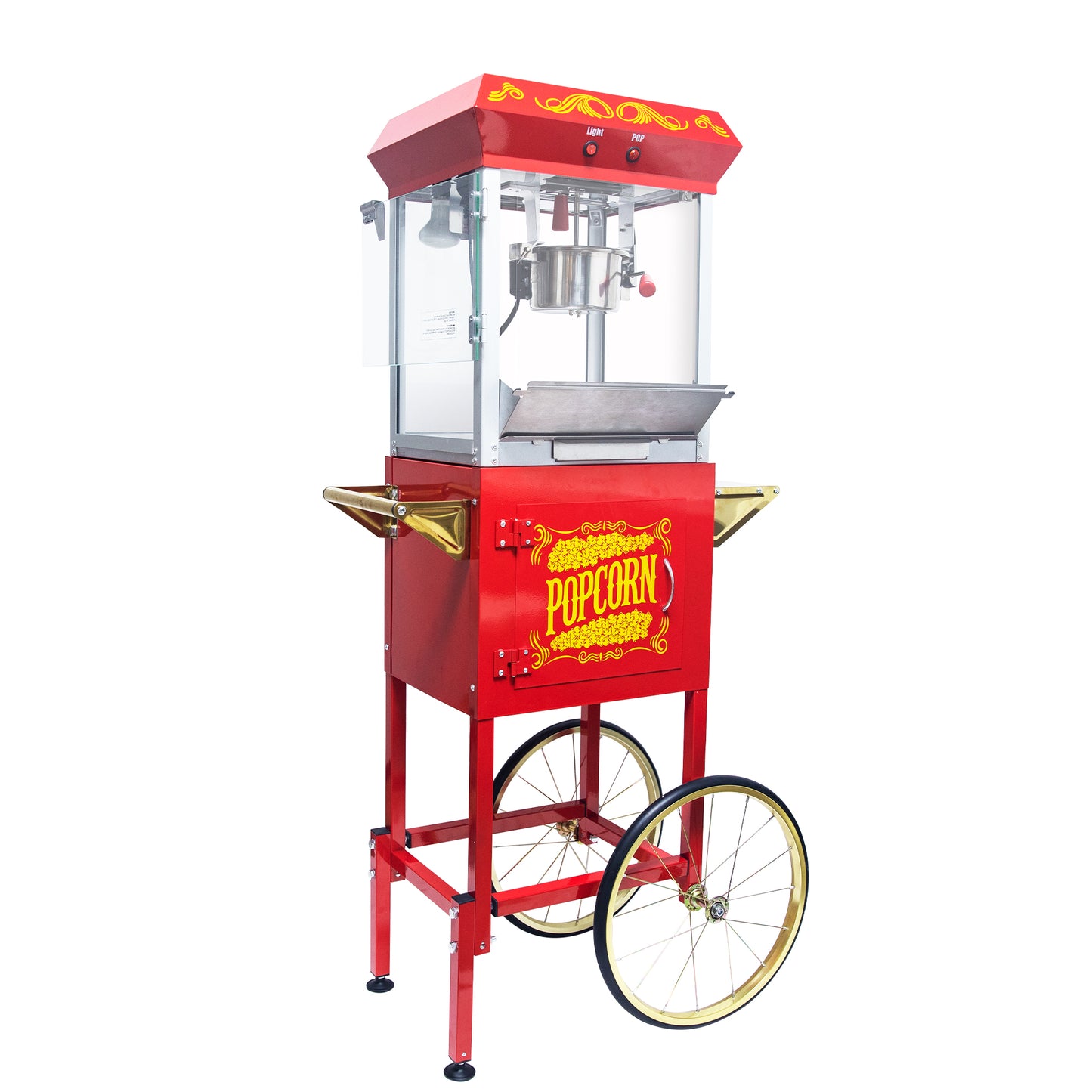 Vintage red popcorn machine cart with gold accents and wheels
