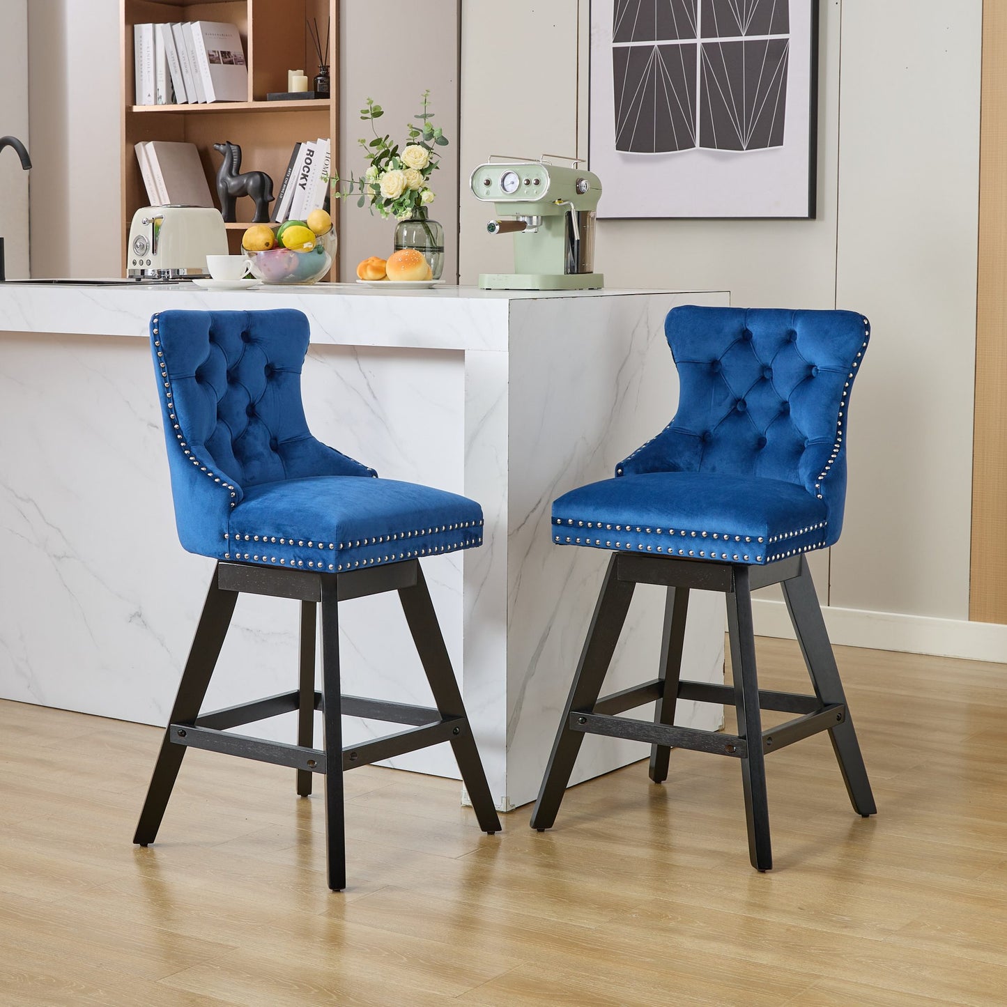 Blue velvet bar stool with tufted back and silver nailhead trim