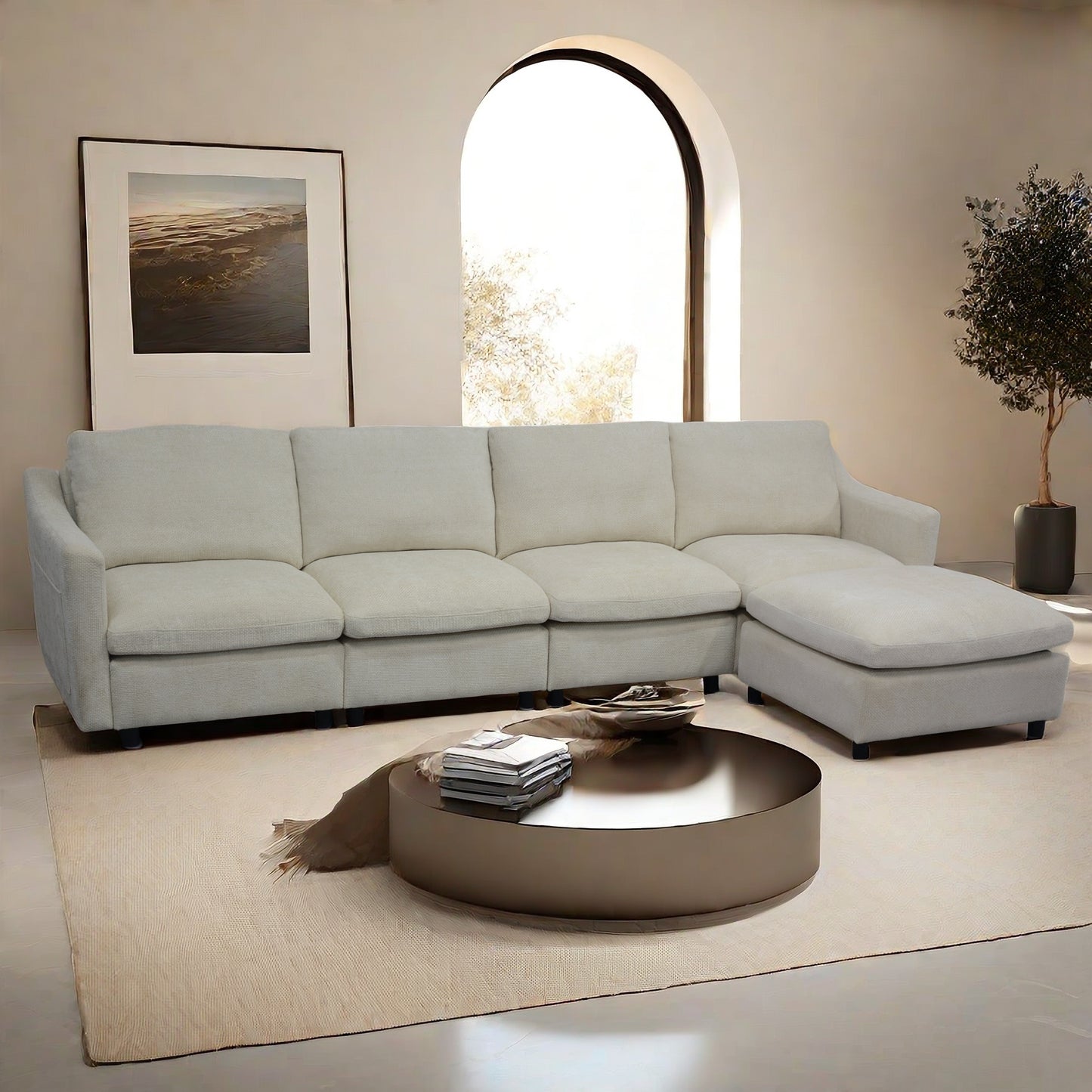 Cream fabric sectional sofa with chaise
