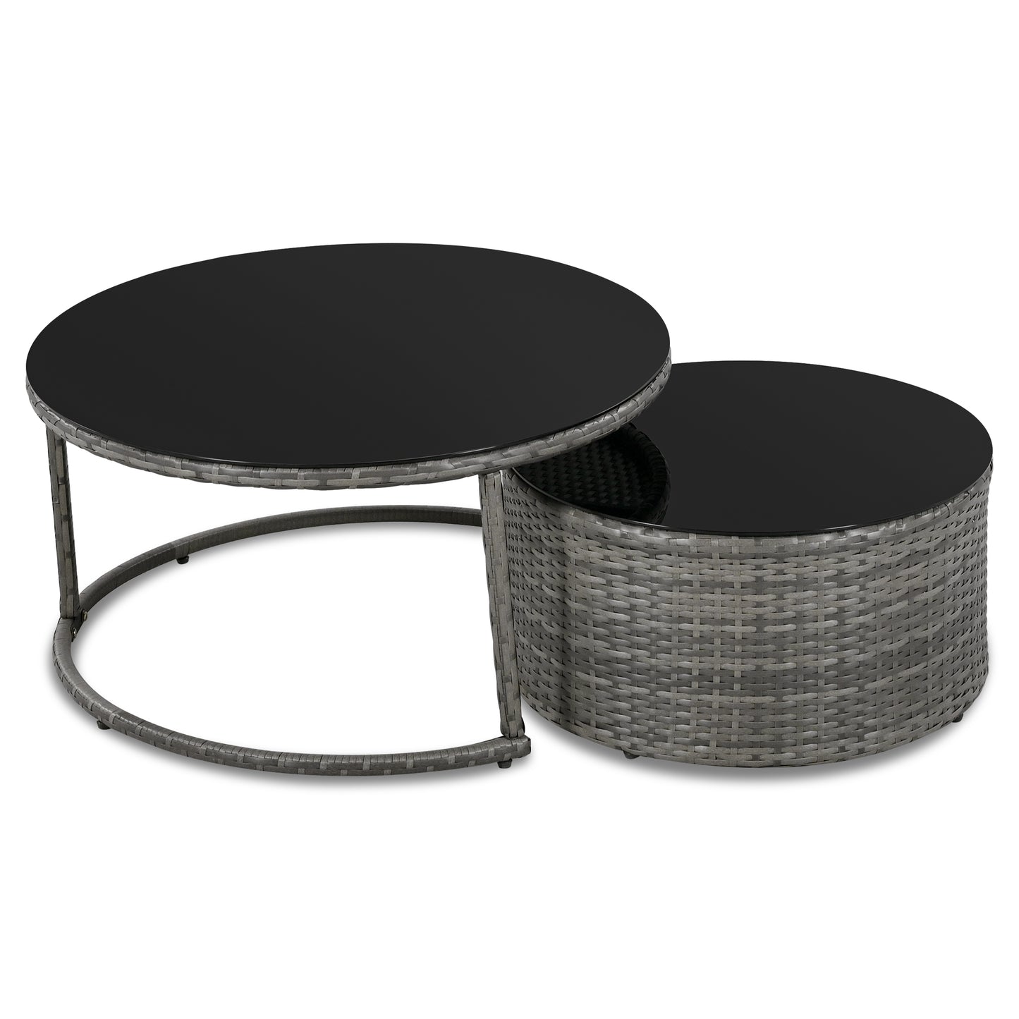 Round grey wicker nesting coffee table with black glass tops