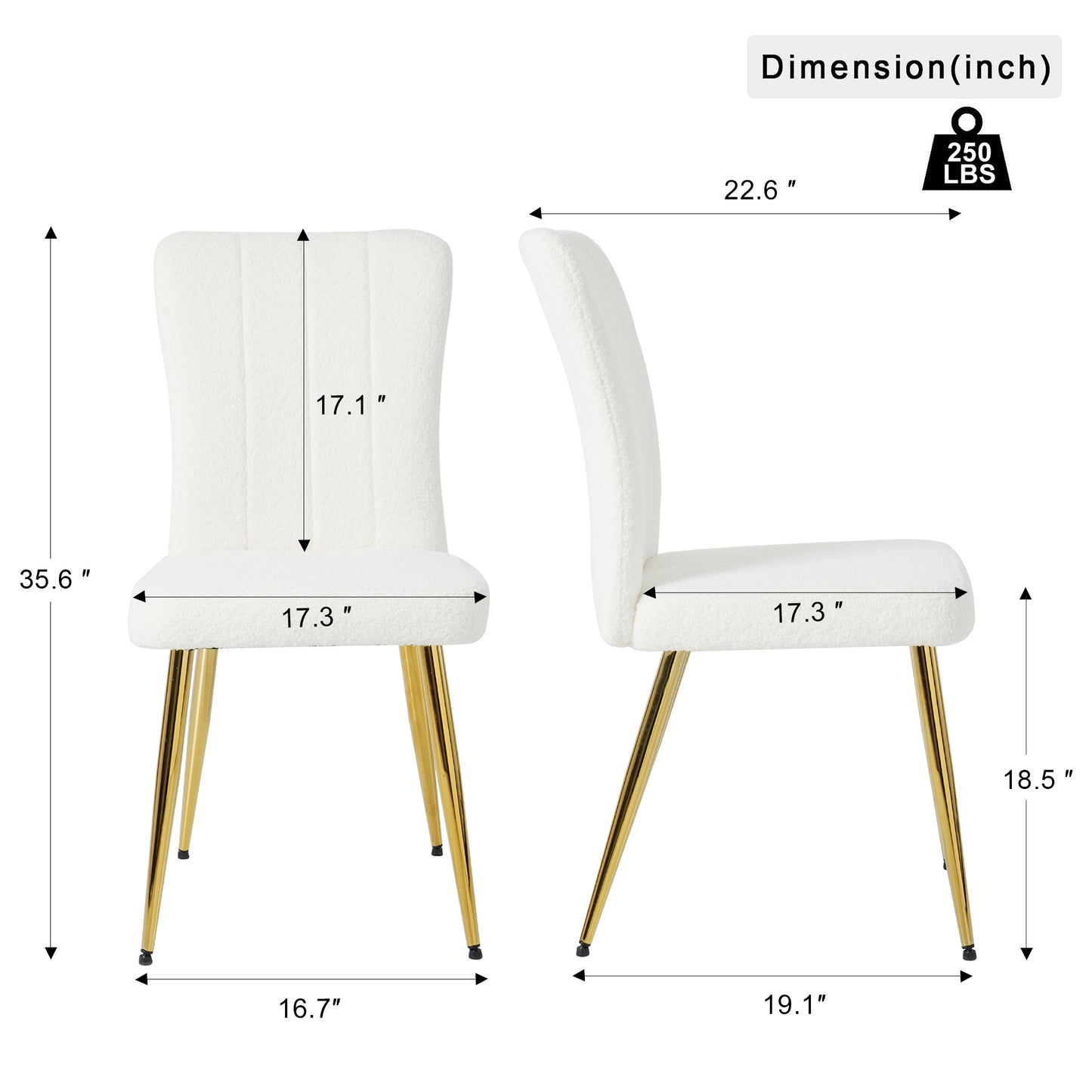 White boucle dining chair with gold legs