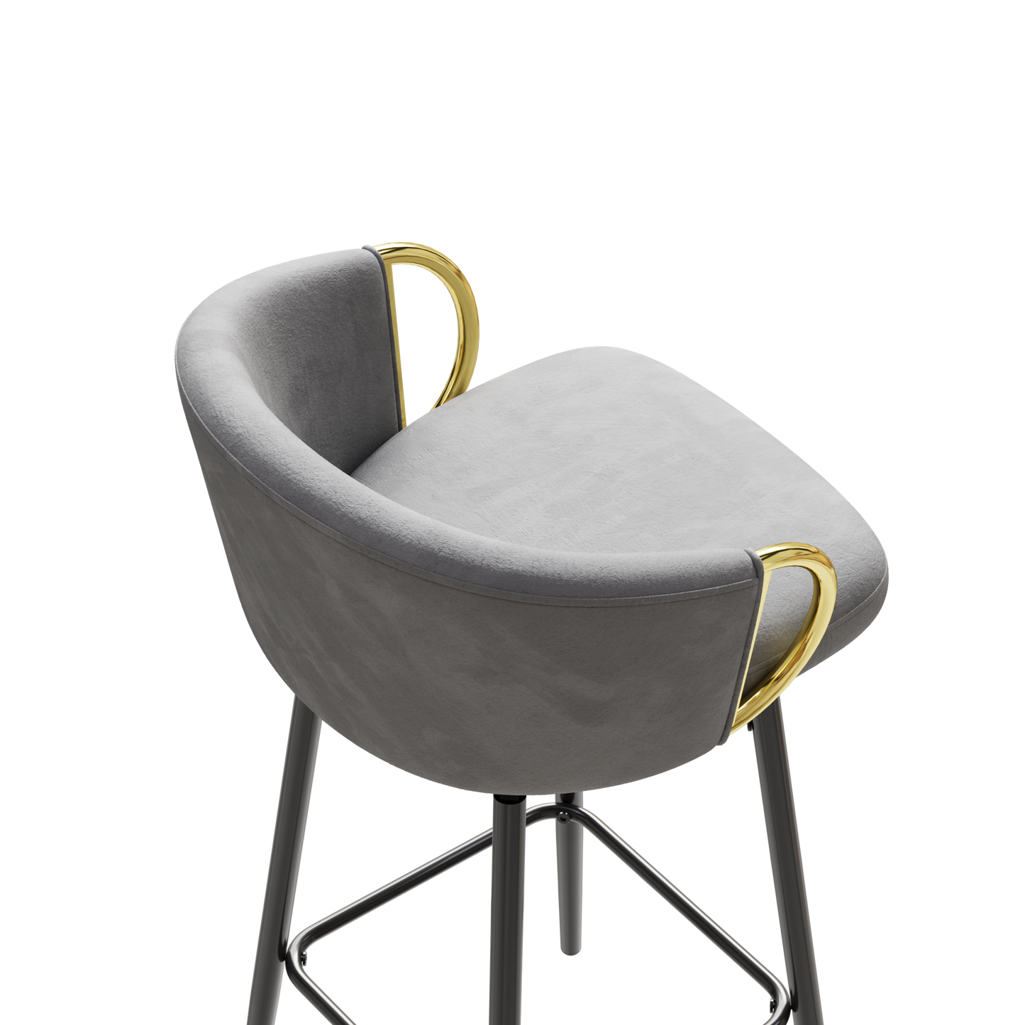 Gray velvet bar stool with gold accents