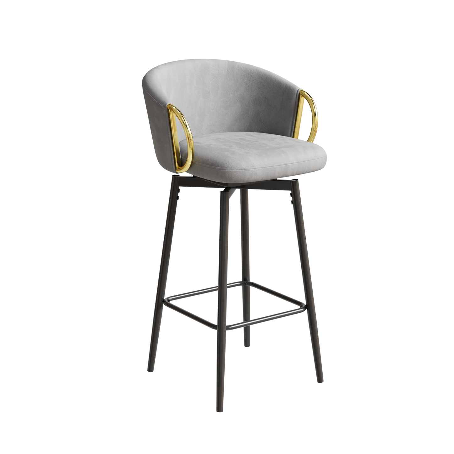 Grey velvet bar stool with gold accents and dark metal legs