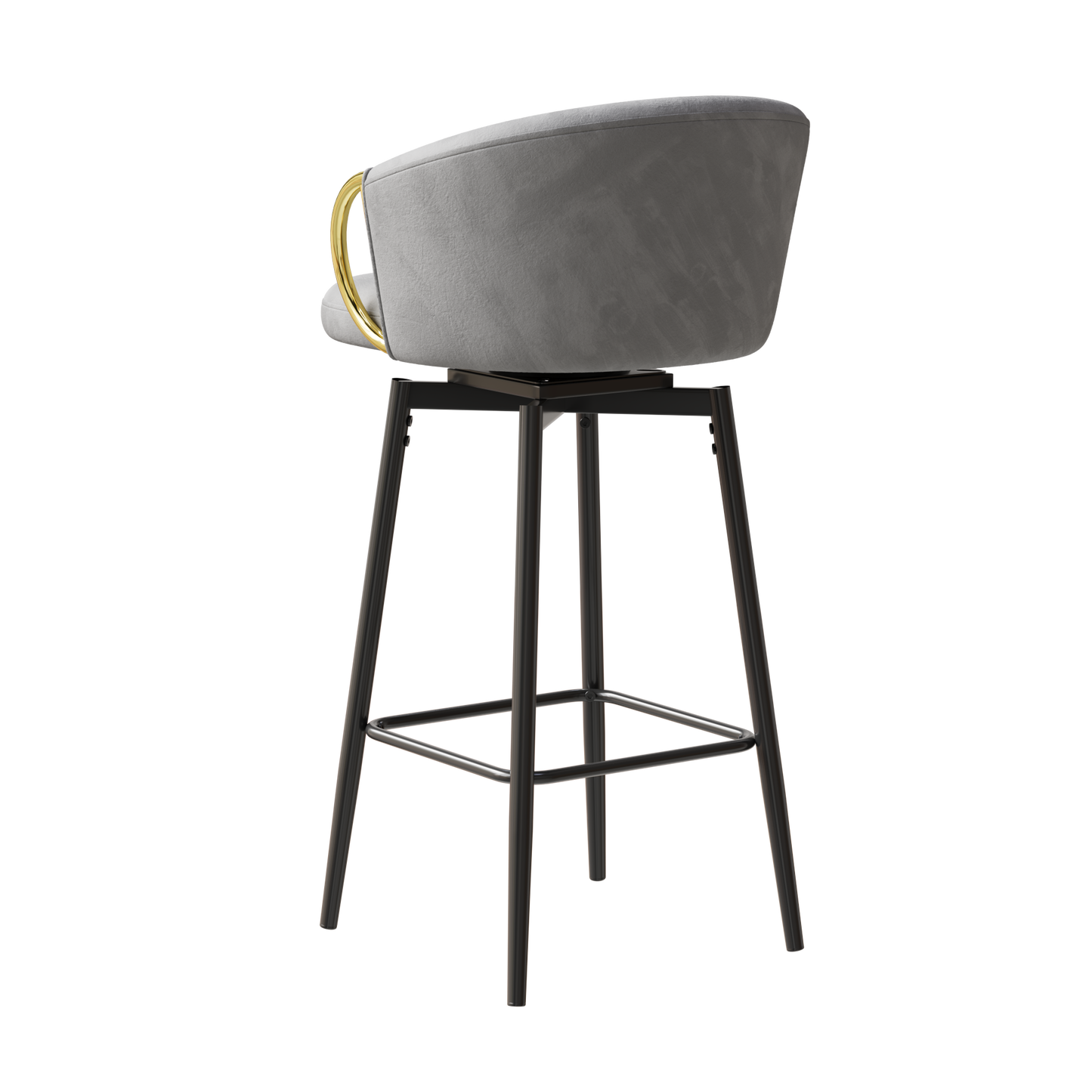 Grey velvet swivel bar stool with gold accent ring