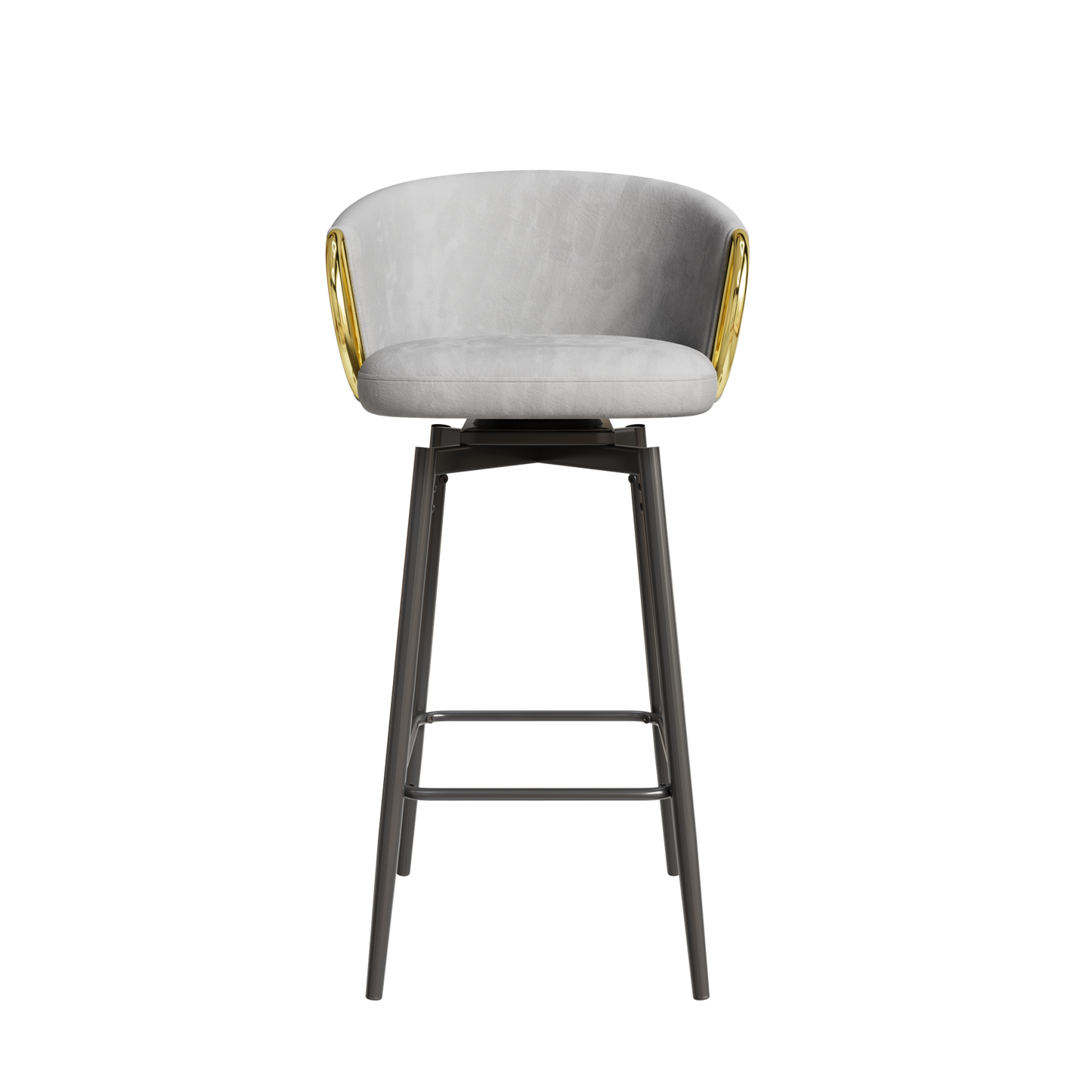 Light grey velvet bar stool with gold accents and black metal legs