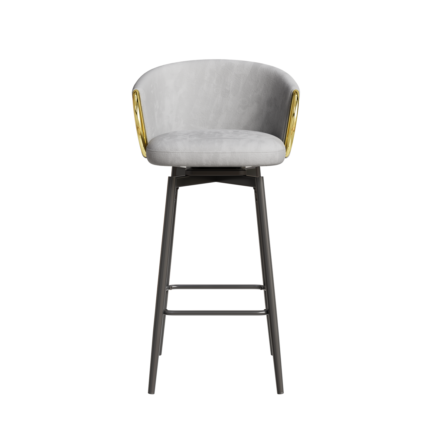 Light grey velvet swivel bar stool with gold accents and dark metal legs