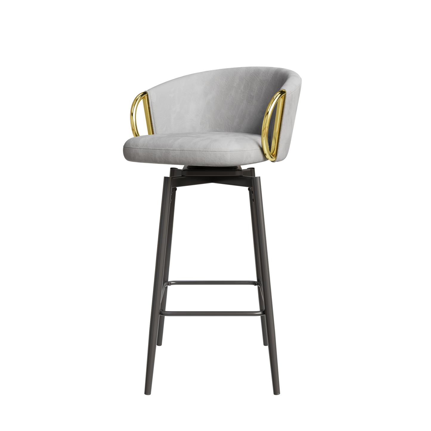 Gray velvet bar stool with gold armrests and black metal legs