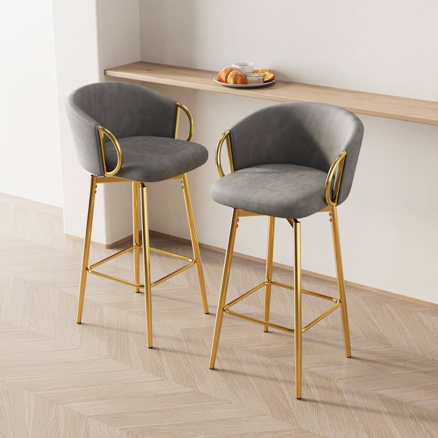 Grey velvet bar stool with gold metal legs