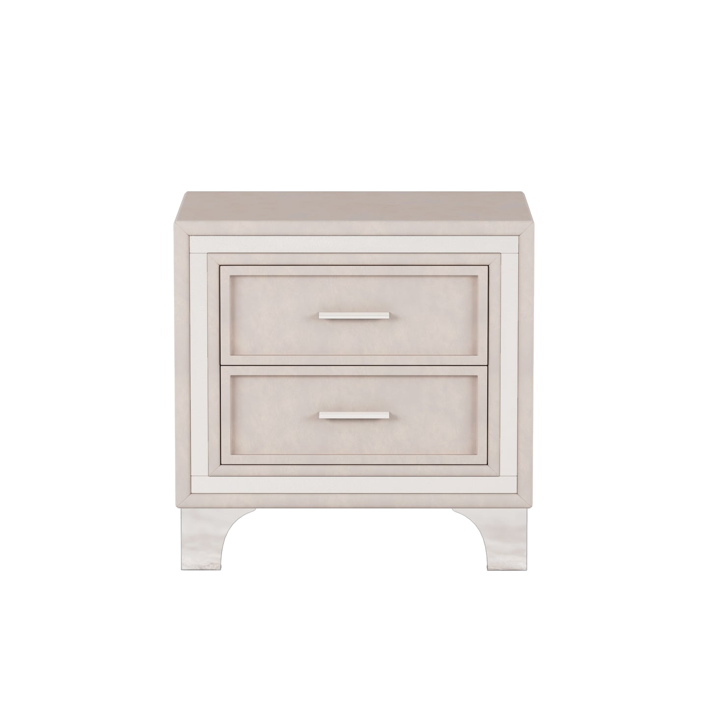Twodrawer beige nightstand with silver drawer pulls and decorative trim