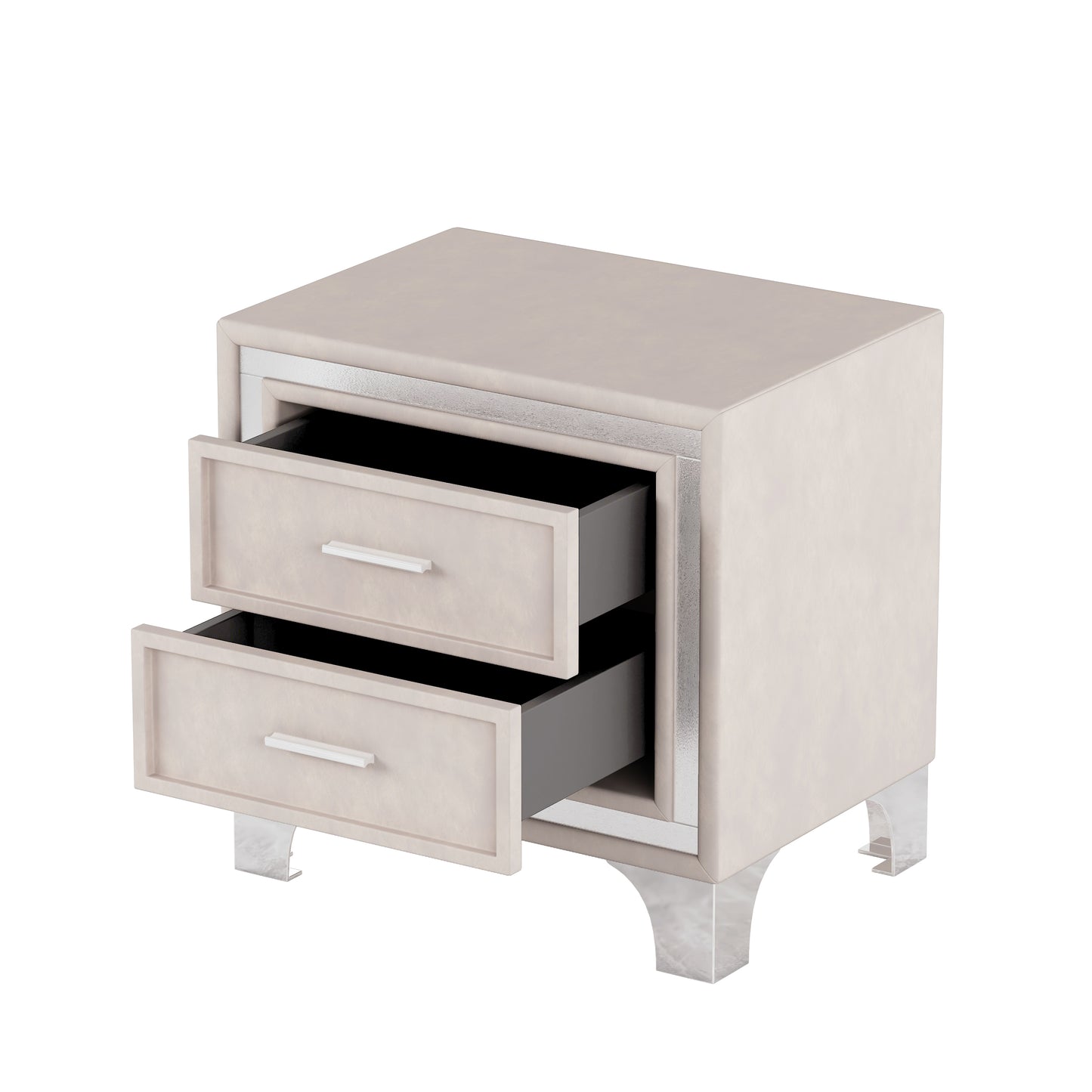 Elegant beige nightstand with silver trim and two drawers