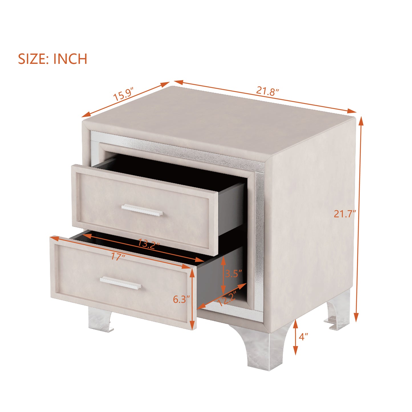 Cream velvet nightstand with two drawers chrome handles and silver trim measuring W x D x H
