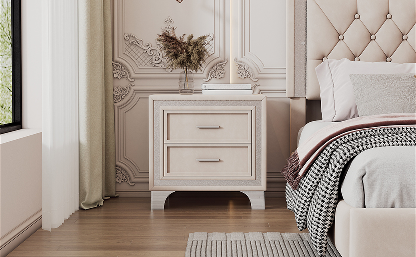 Elegant beige nightstand with two drawers and silver hardware featuring a textured border